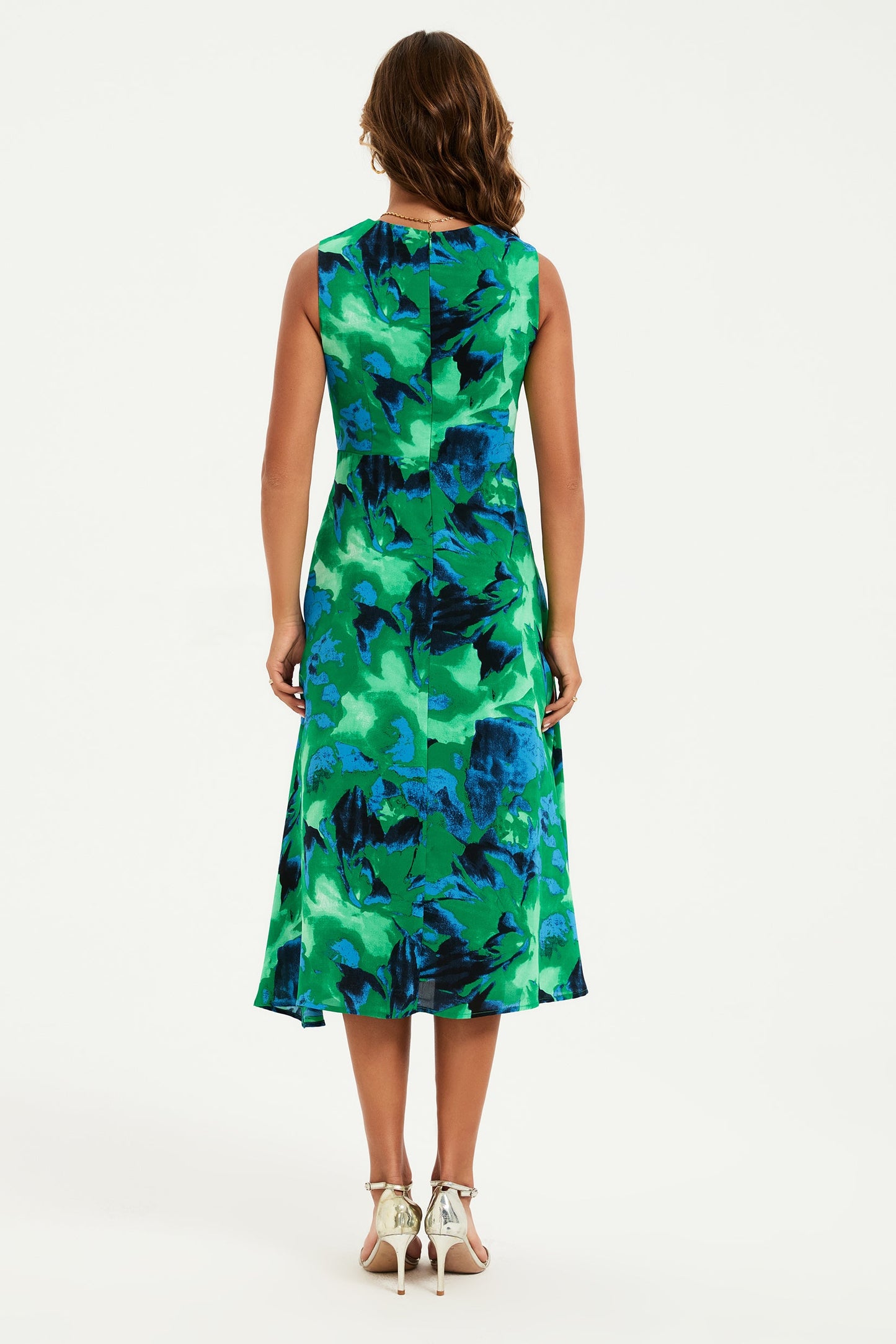 Abstract Floral Print Heart Neck Midi Green