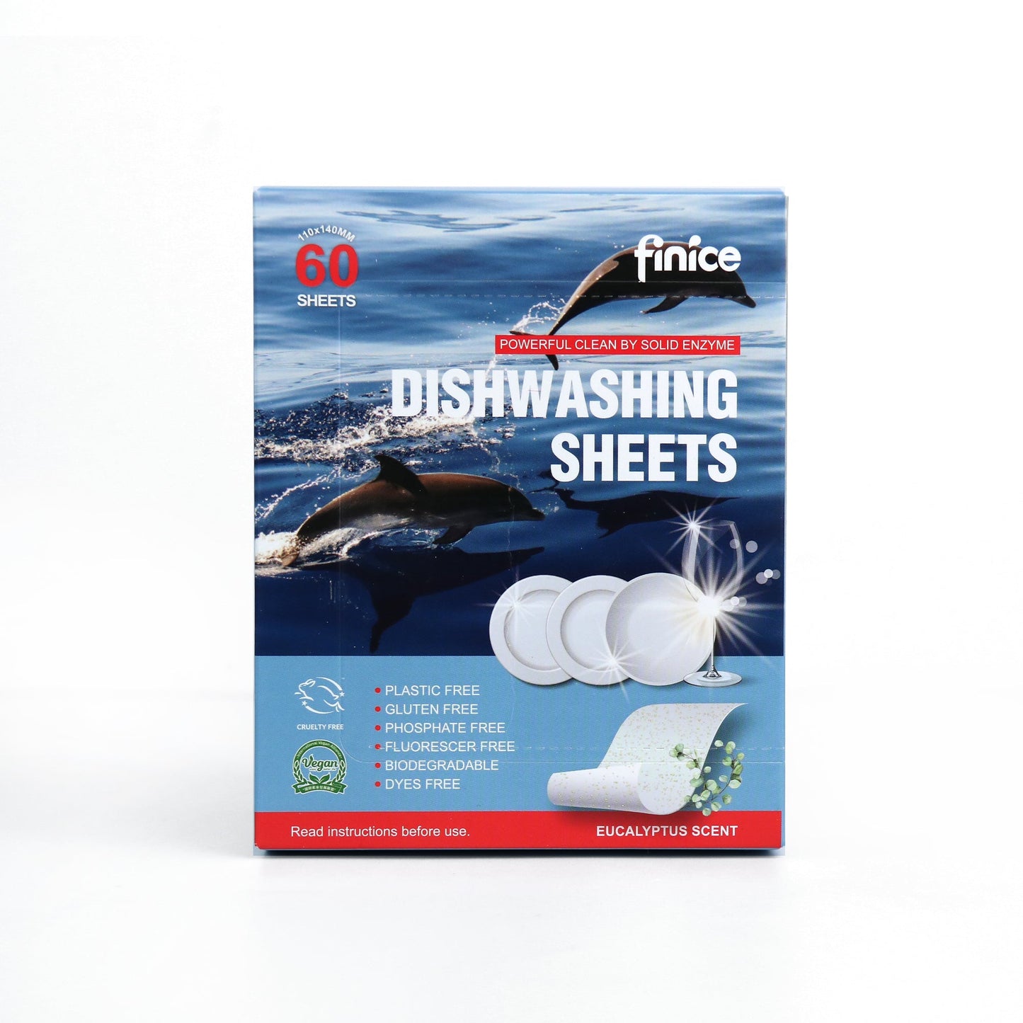 Finice Dishwashing Sheets – Enzyme Dishwasher Detergent, Eco-Friendly, Eucalyptus Scent, 60 Sheets