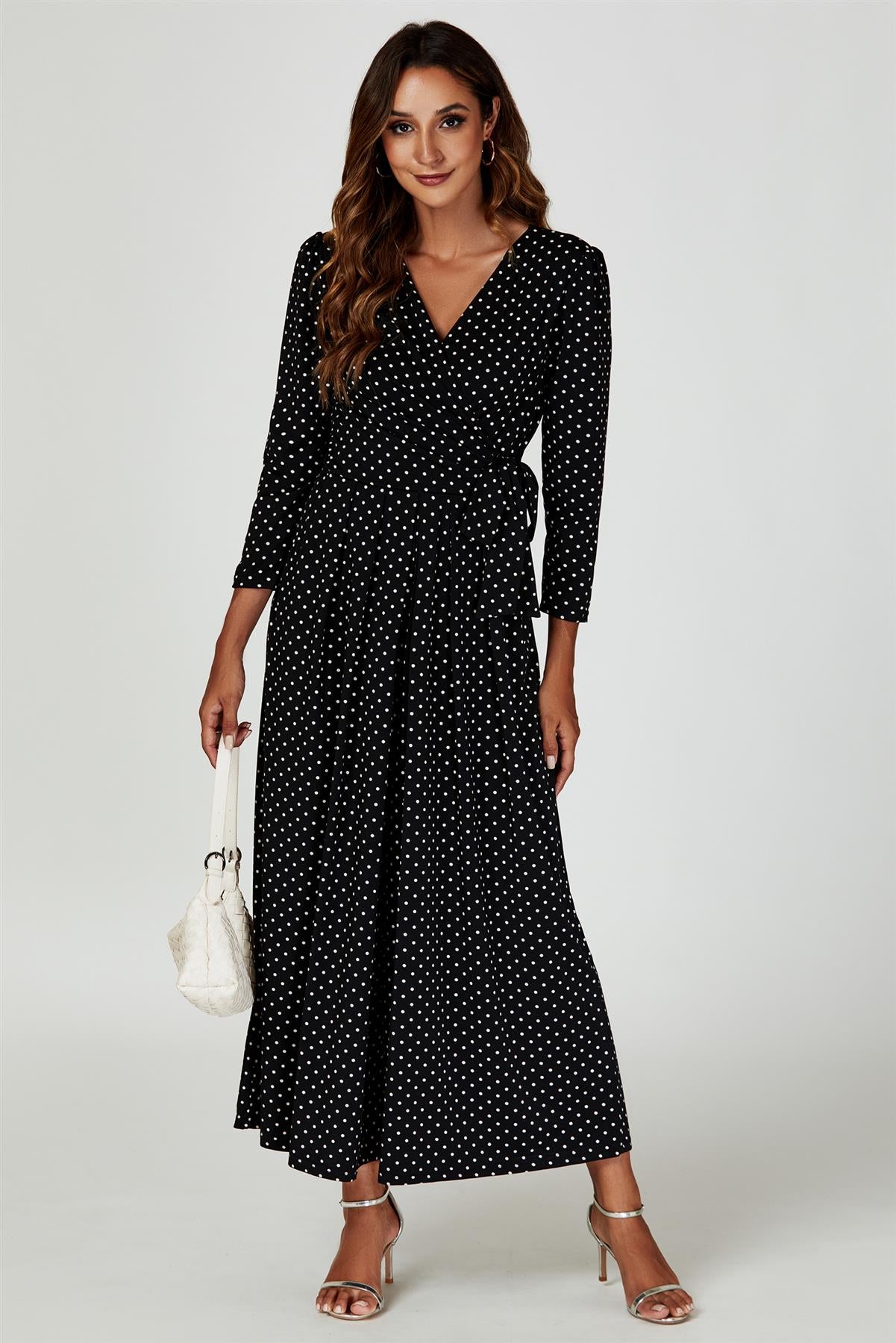Dot Print Wrap Top Jersey Jumpsuit In Black
