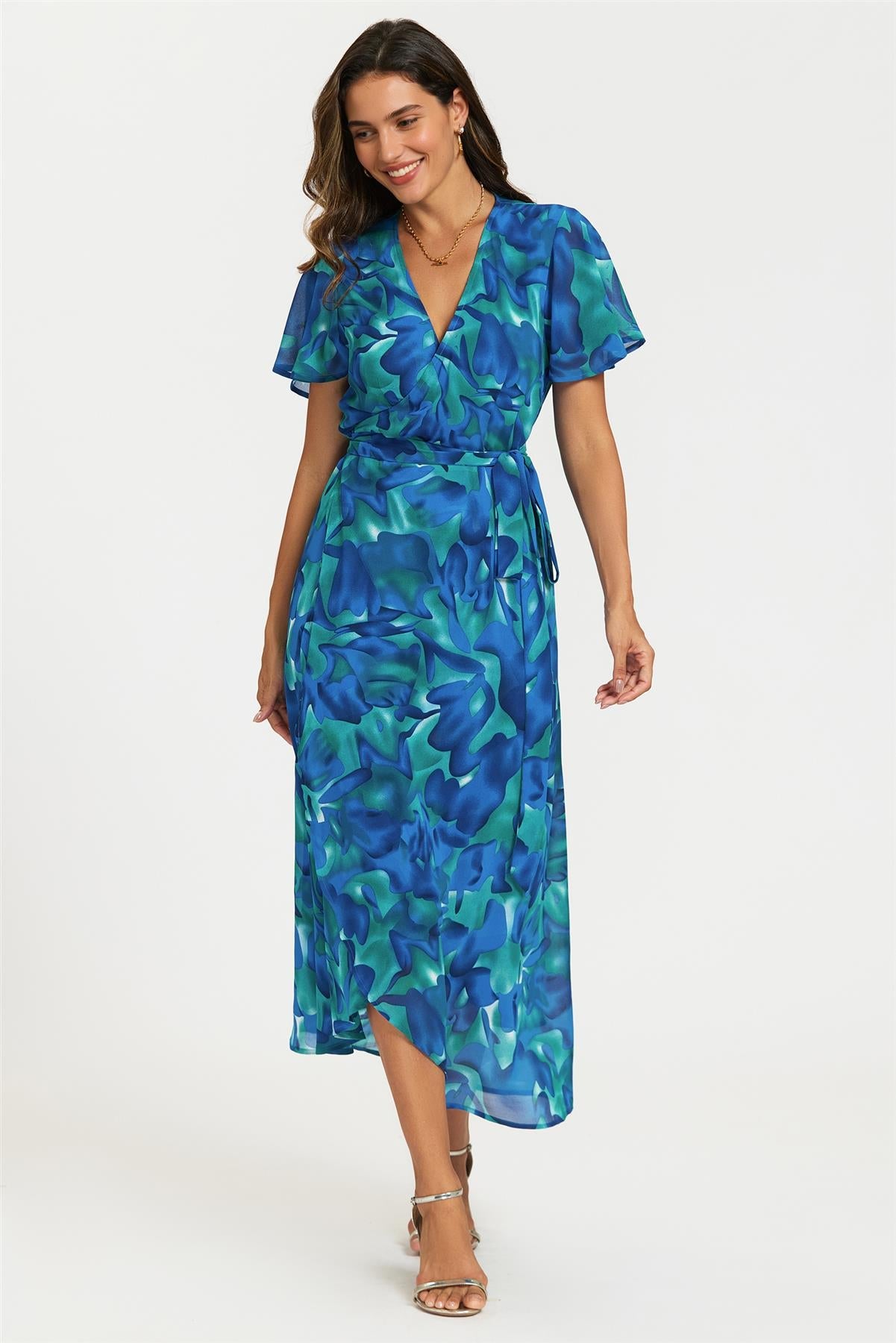 Abstract Floral Print Wrap Maxi Dress In Blue