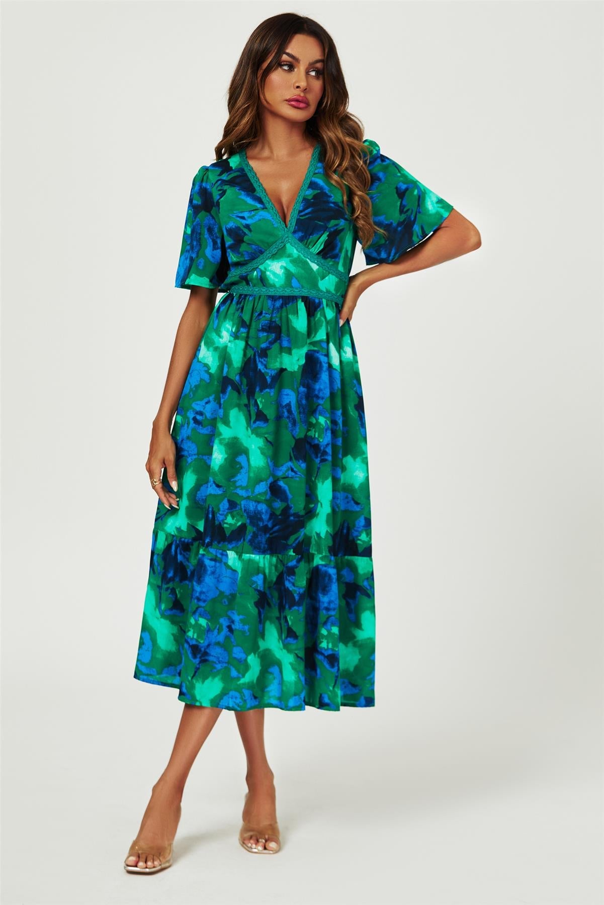 Abstract Floral Print Lace Detail Angel Sleeve Maxi Dress In Green