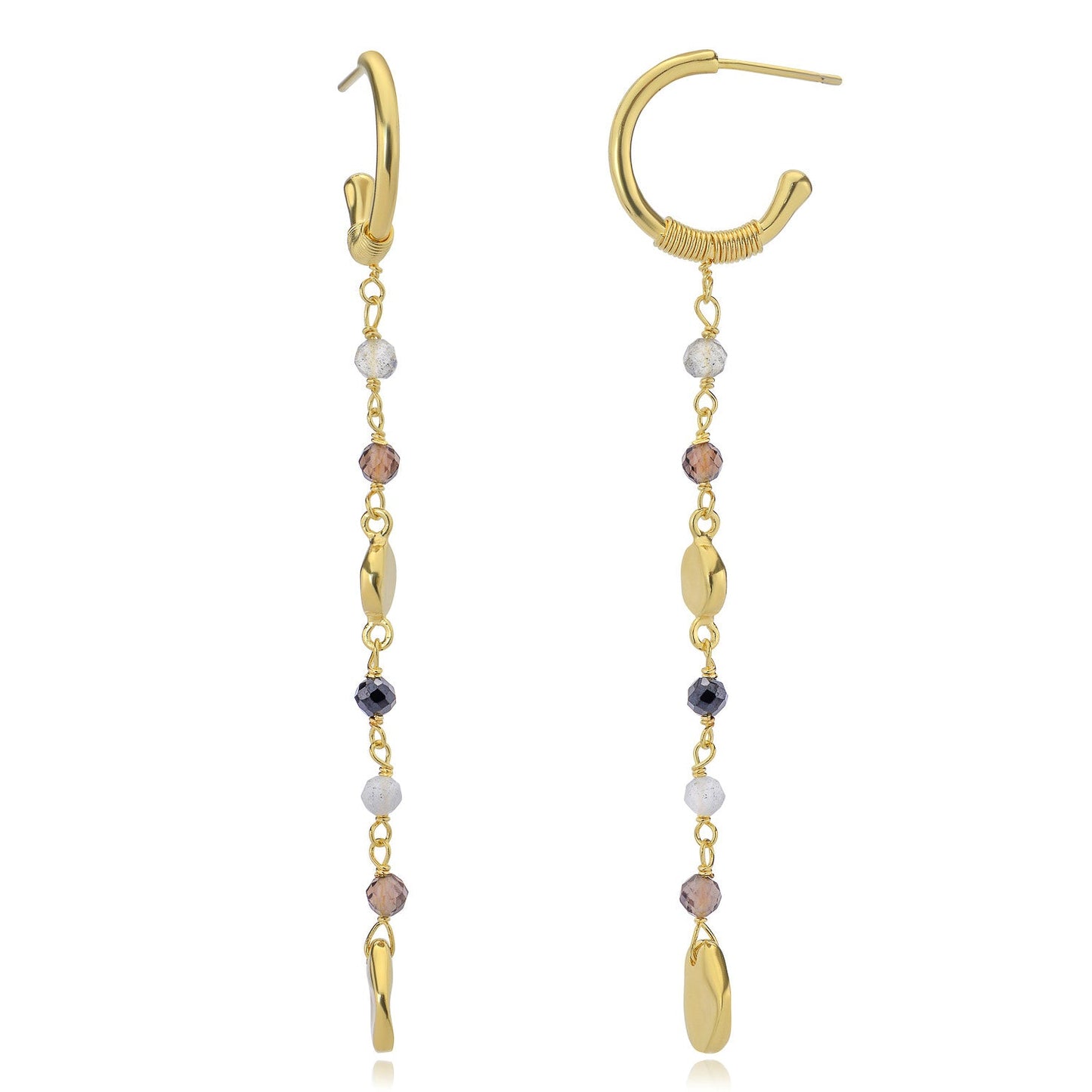 Sofia Small Hoop Nugget Earrings Labradorite, Black Onyx & Smoky Quartz