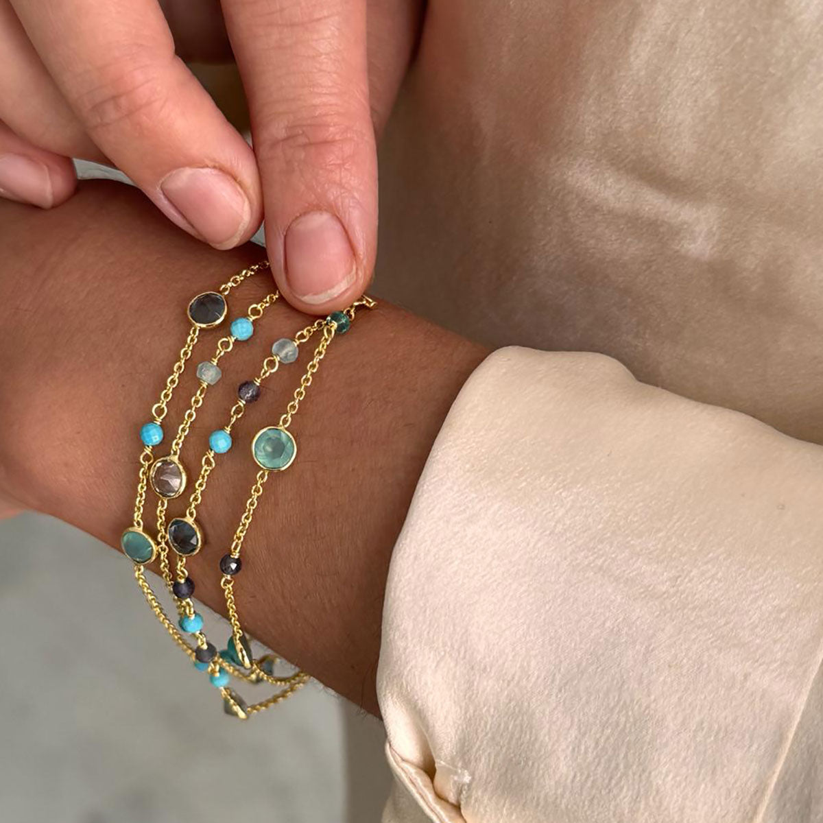 Hydra Multi-Strand Gold Chain and Gemstone Bracelet Iolite, Blue Topaz & Apatite