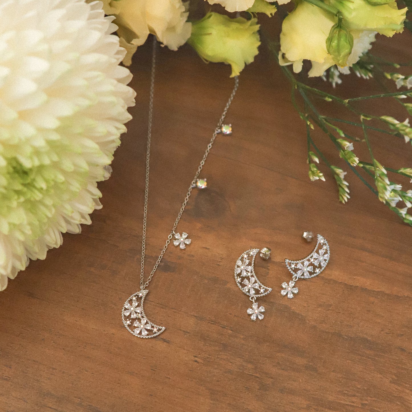 Flora Flower Moon Pendant Necklace | 925 Sterling Silver