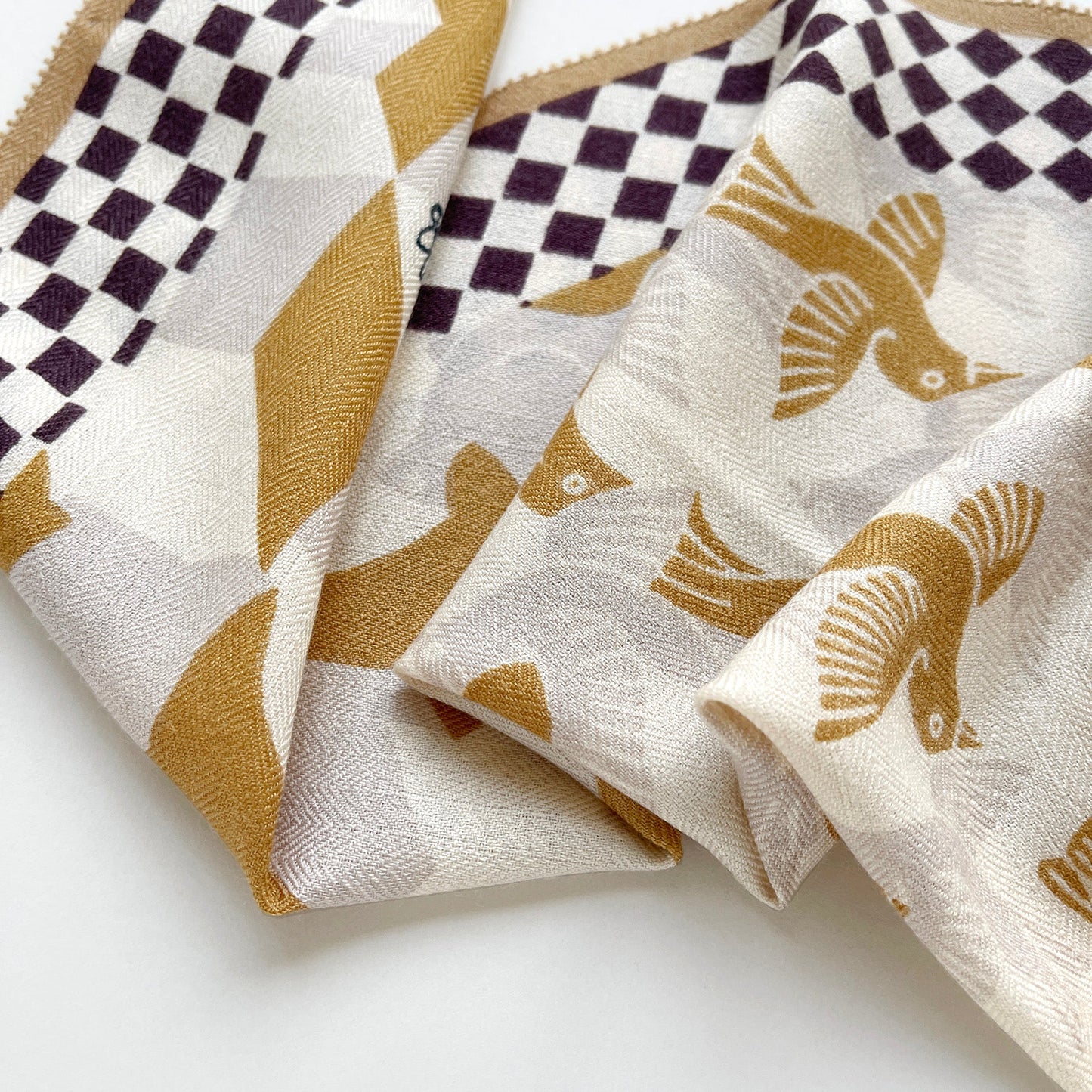 Beige Art Deco Bird Cashmere Scarf - Women's Luxury Silk Blended Scarf