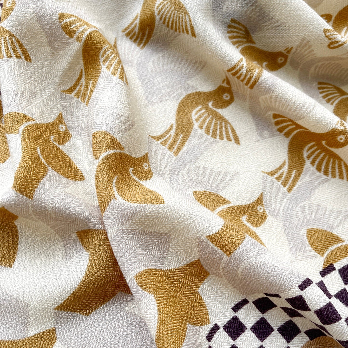 Beige Art Deco Bird Cashmere Scarf - Women's Luxury Silk Blended Scarf