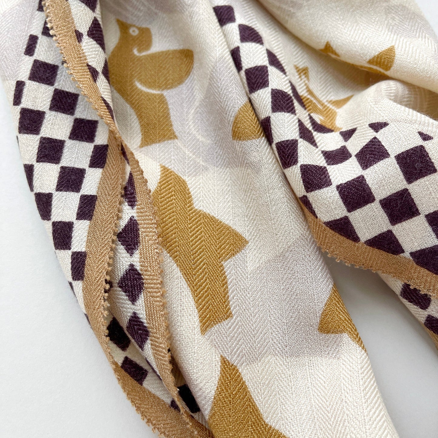 Beige Art Deco Bird Cashmere Scarf - Women's Luxury Silk Blended Scarf