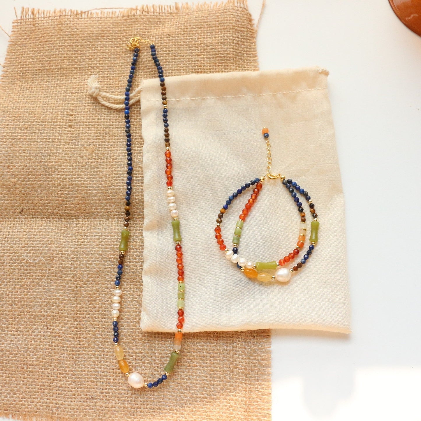 Jekira Multi-Color Gemstone Necklace, Bracelet & Earrings Set – 18K Gold Vermeil