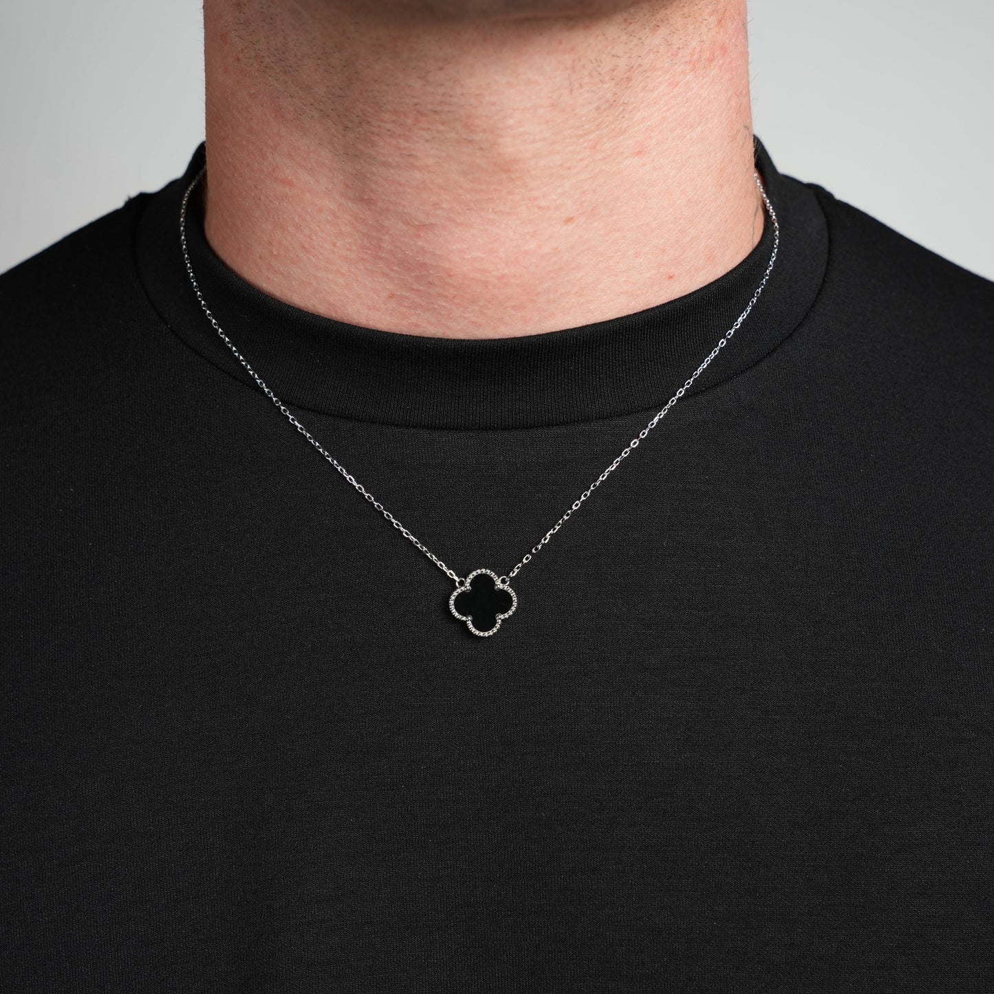 Silver Single Clover Necklace (Black)