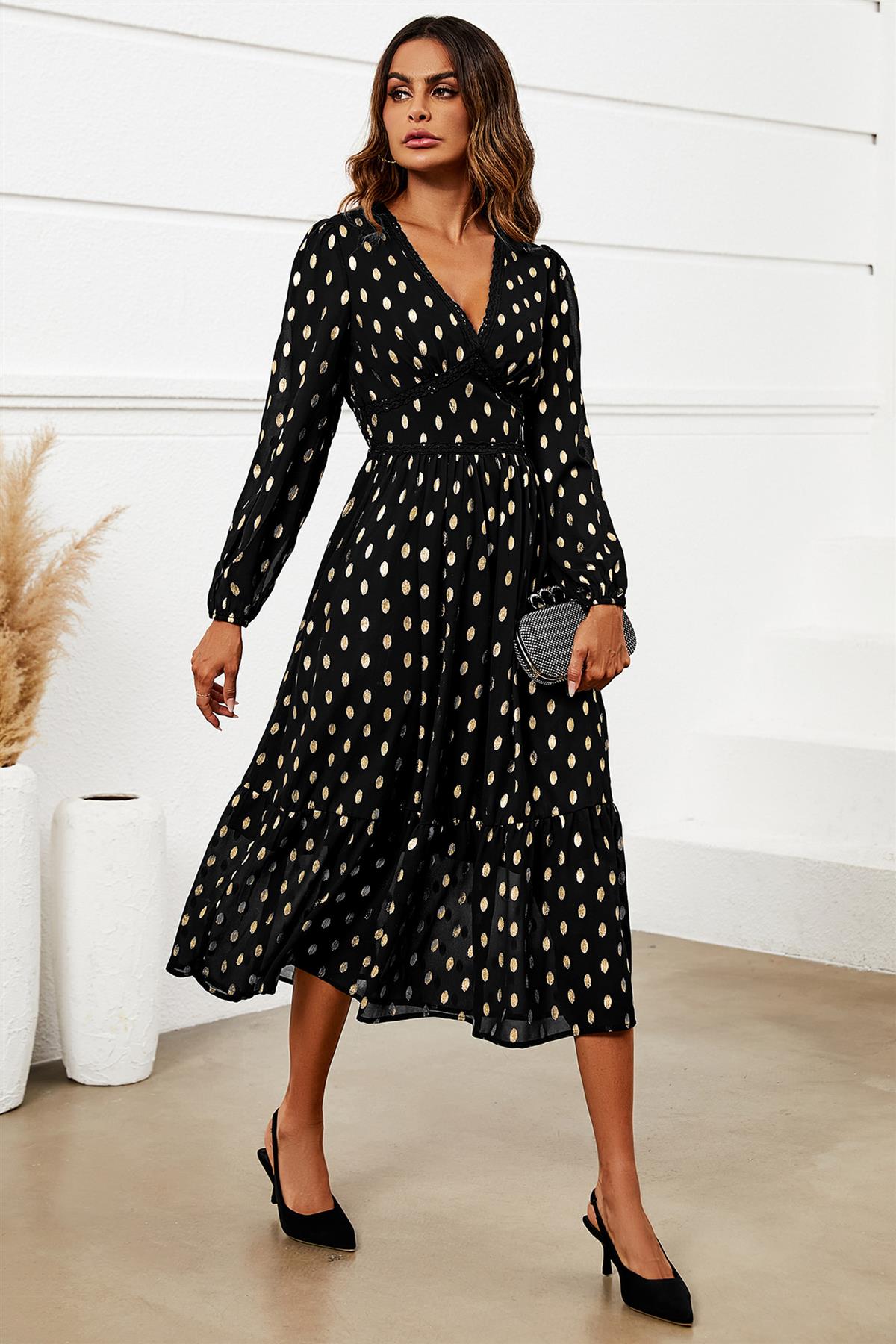 Lace Trim Foil Long Sleeve Maxi Dress In Black