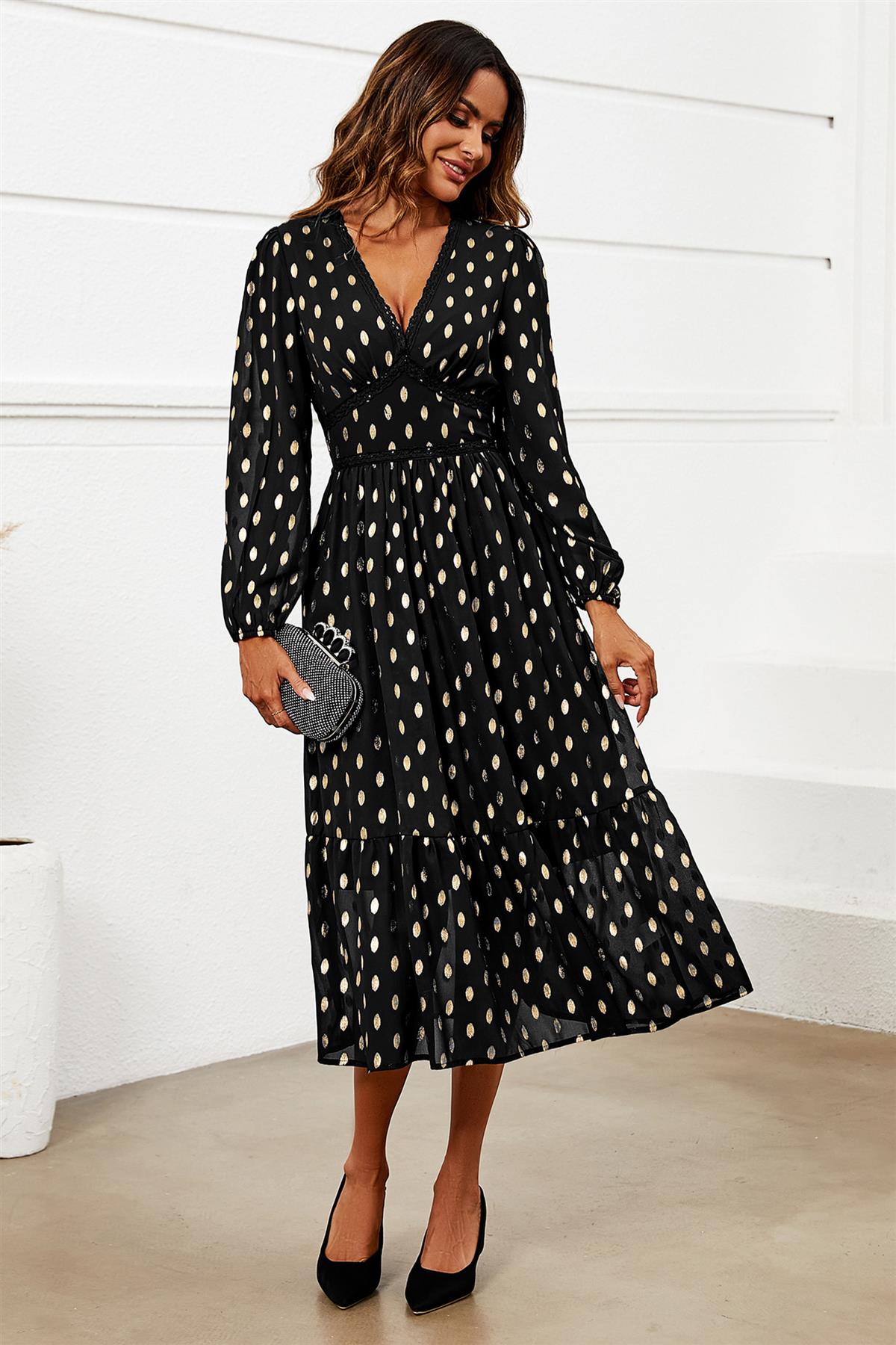 Lace Trim Foil Long Sleeve Maxi Dress In Black