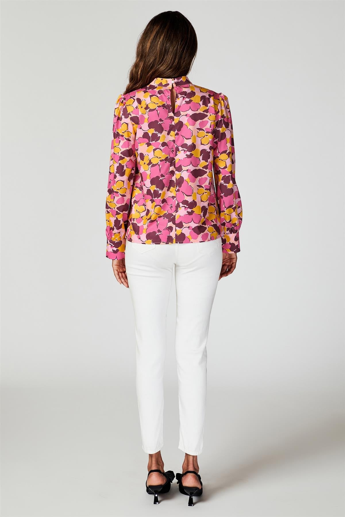 Floral Print Long Sleeve High Neck Top In Pink
