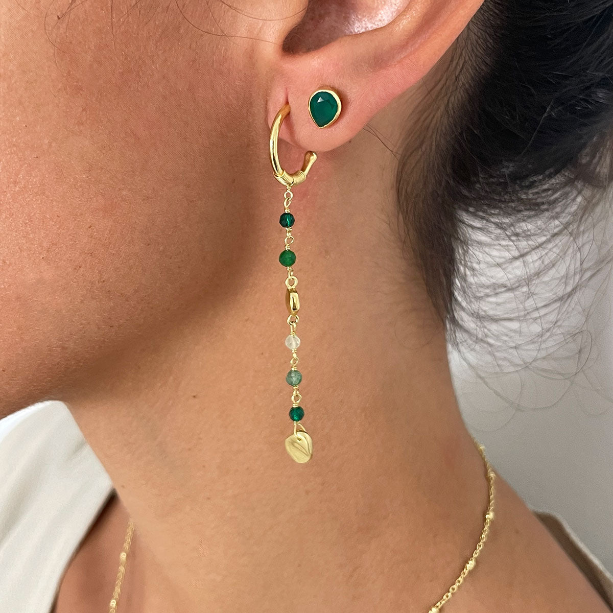 Sofia Small Hoop Nugget Earrings Green Hydro, Green Jade, Prehnite & Green Aventurine