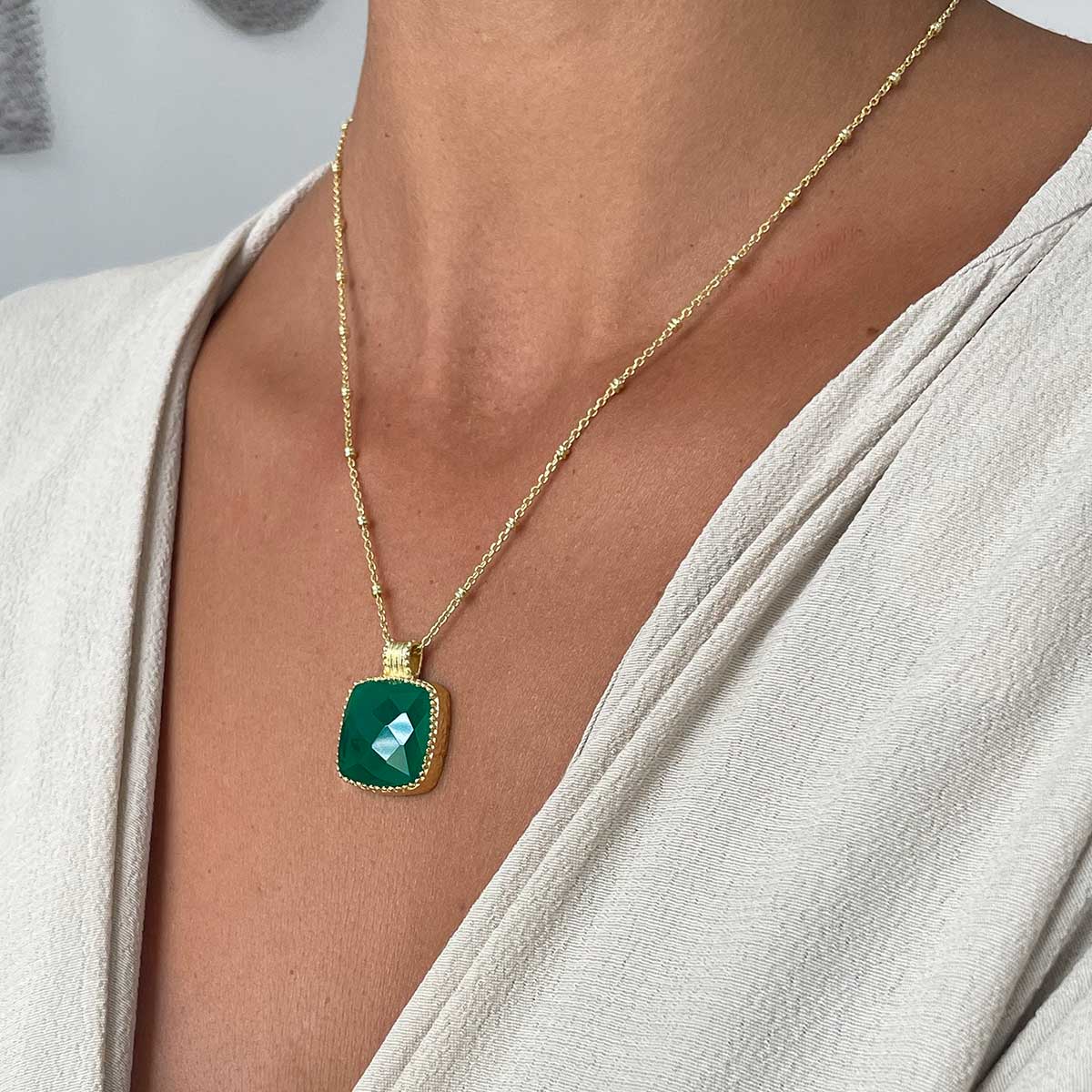 Tetra Large Square Gemstone Pendant Green Onyx