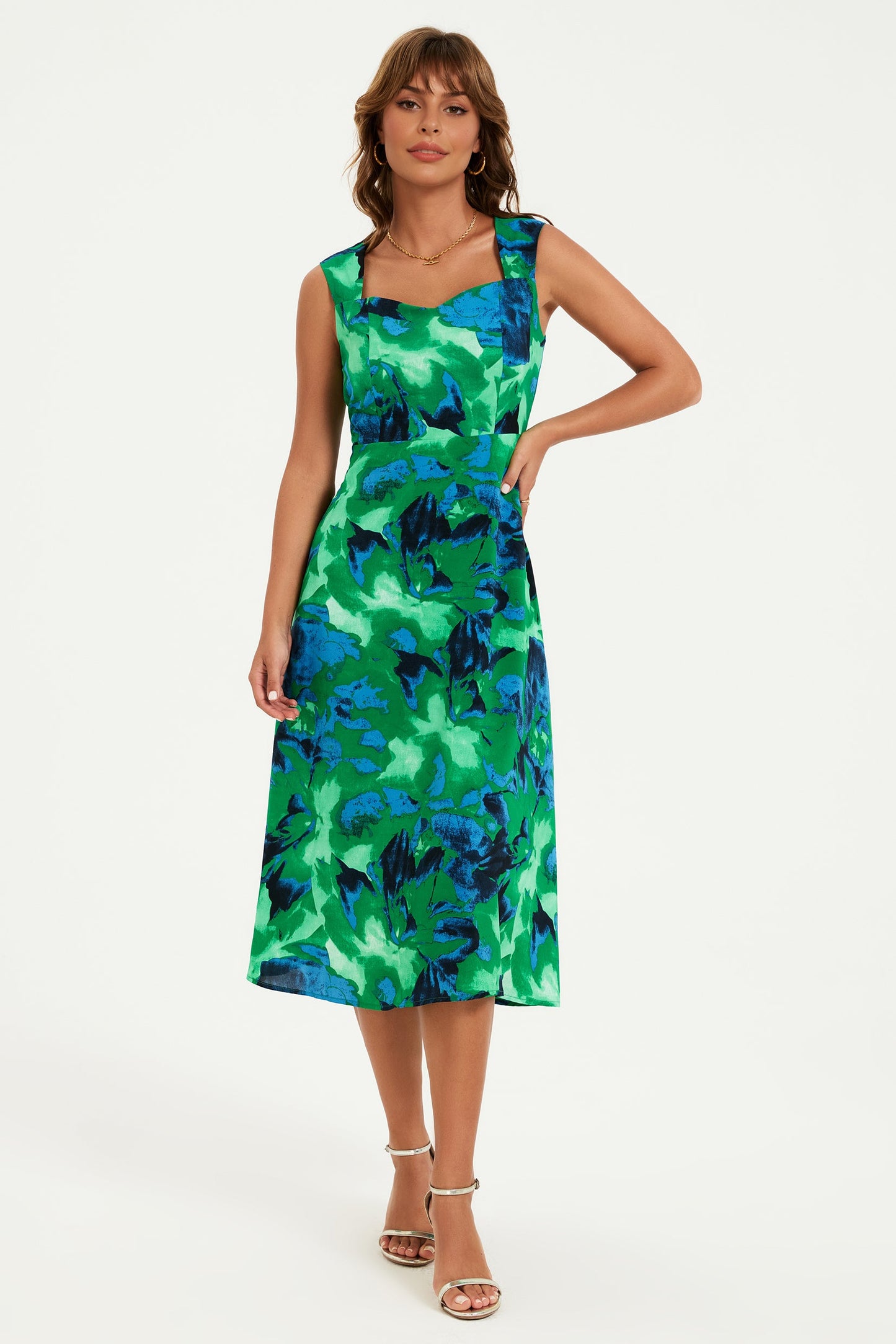Abstract Floral Print Heart Neck Midi Green