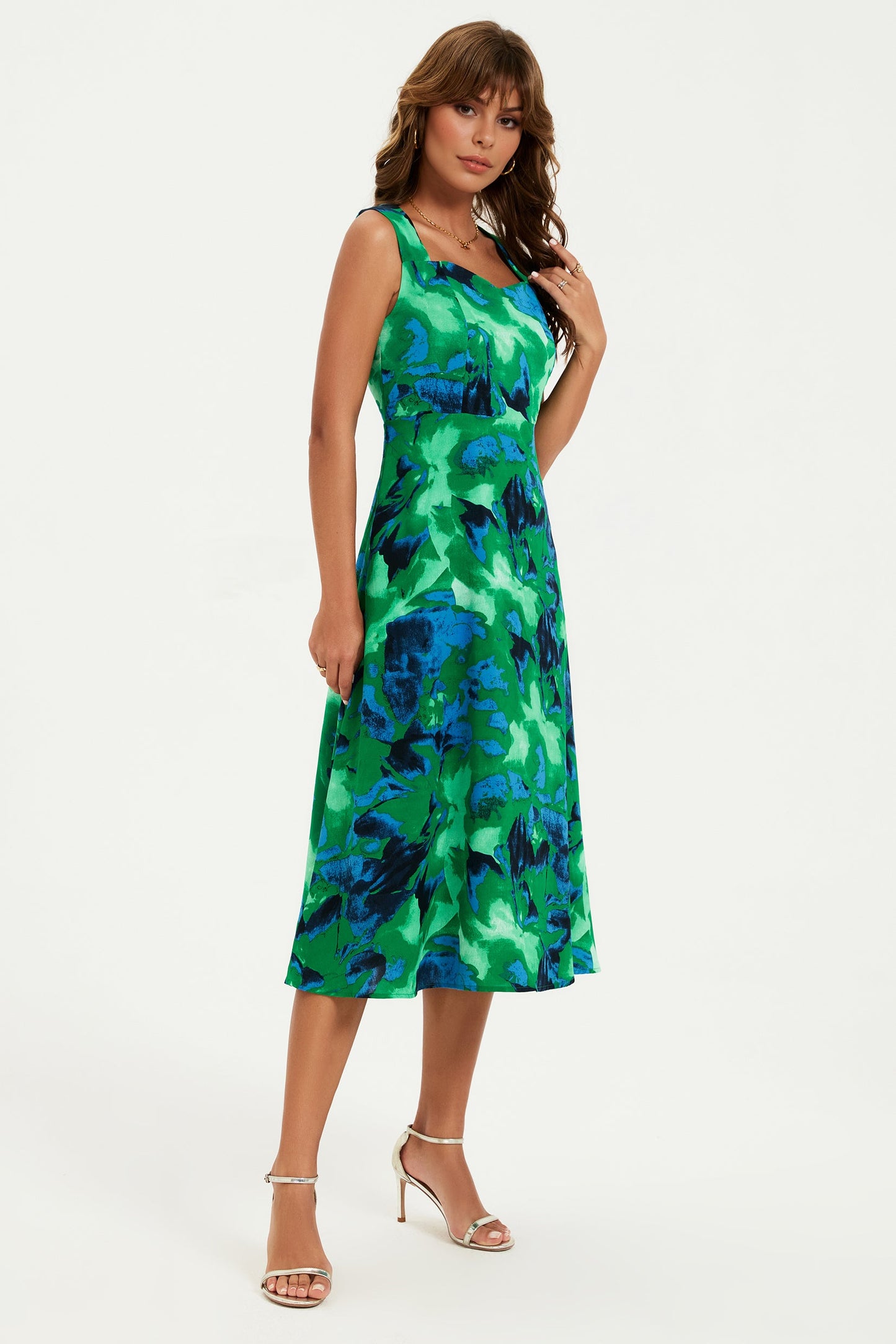 Abstract Floral Print Heart Neck Midi Green
