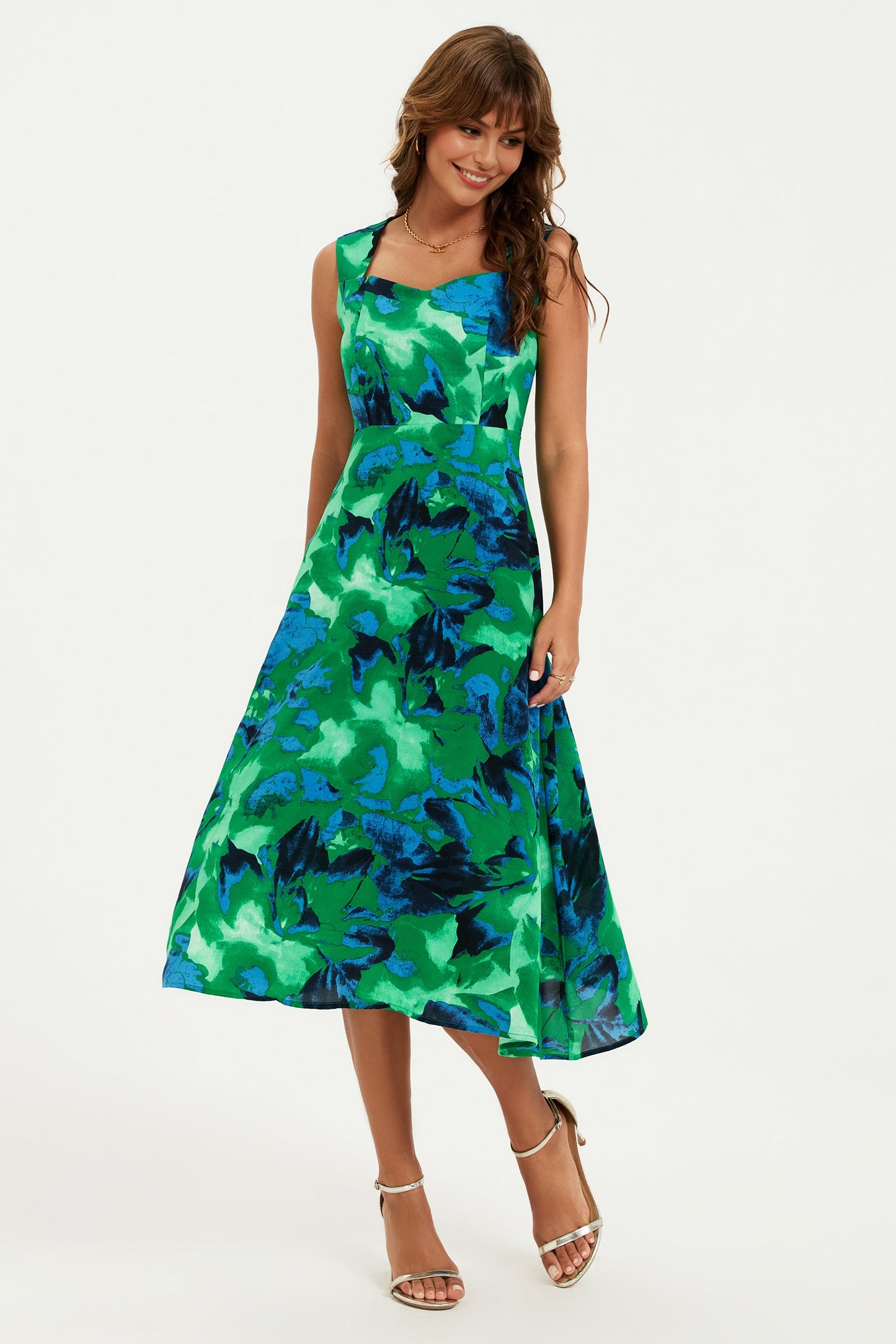 Abstract Floral Print Heart Neck Midi Green