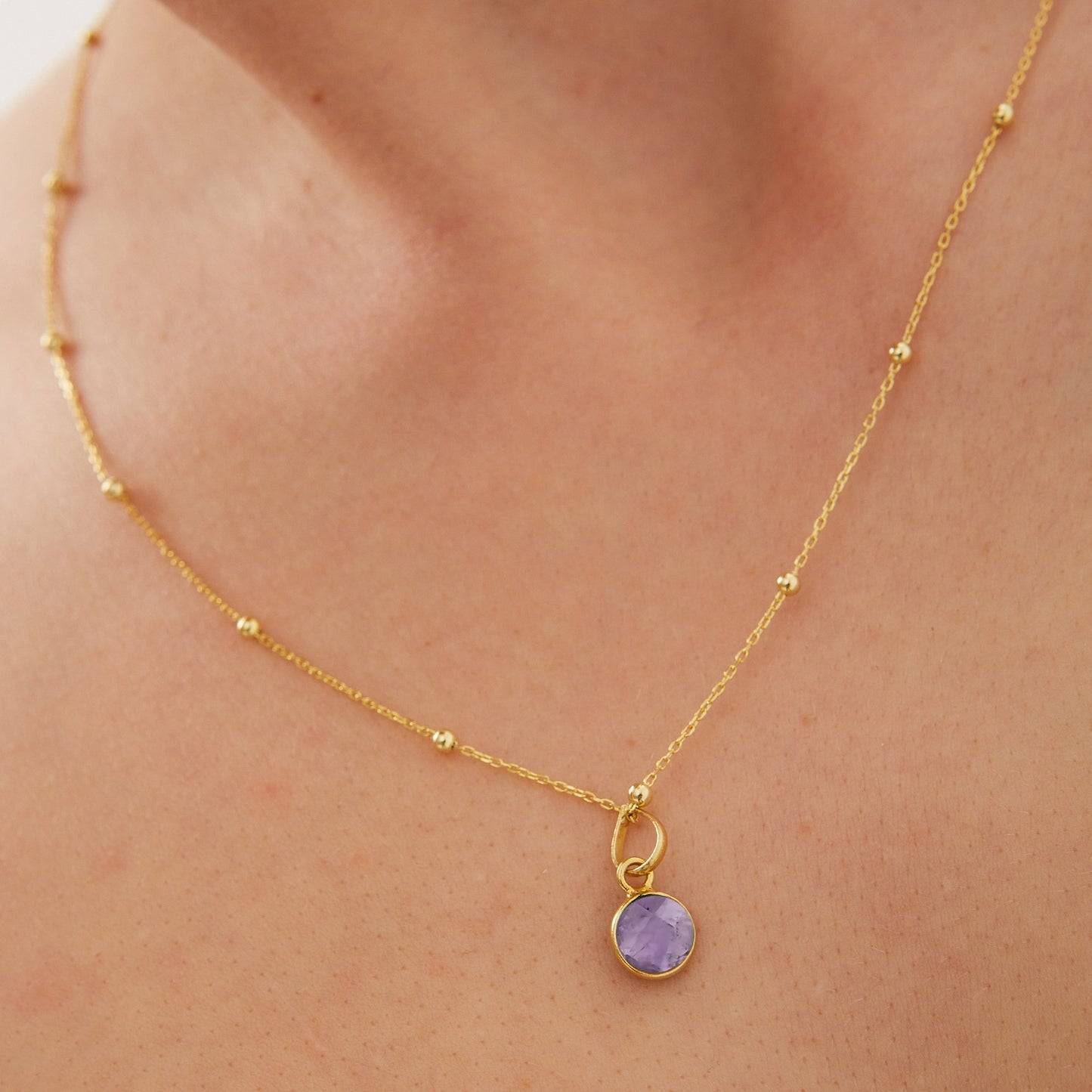 Amethyst Round Pendant Necklace With Beaded Chain in Sterling Silver