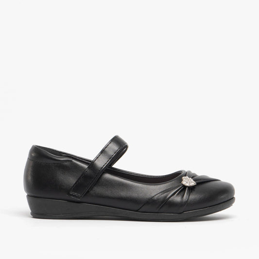 US Brass PAIGE II Girls Touch Fastened Diamante Brooch Bar Shoes Black
