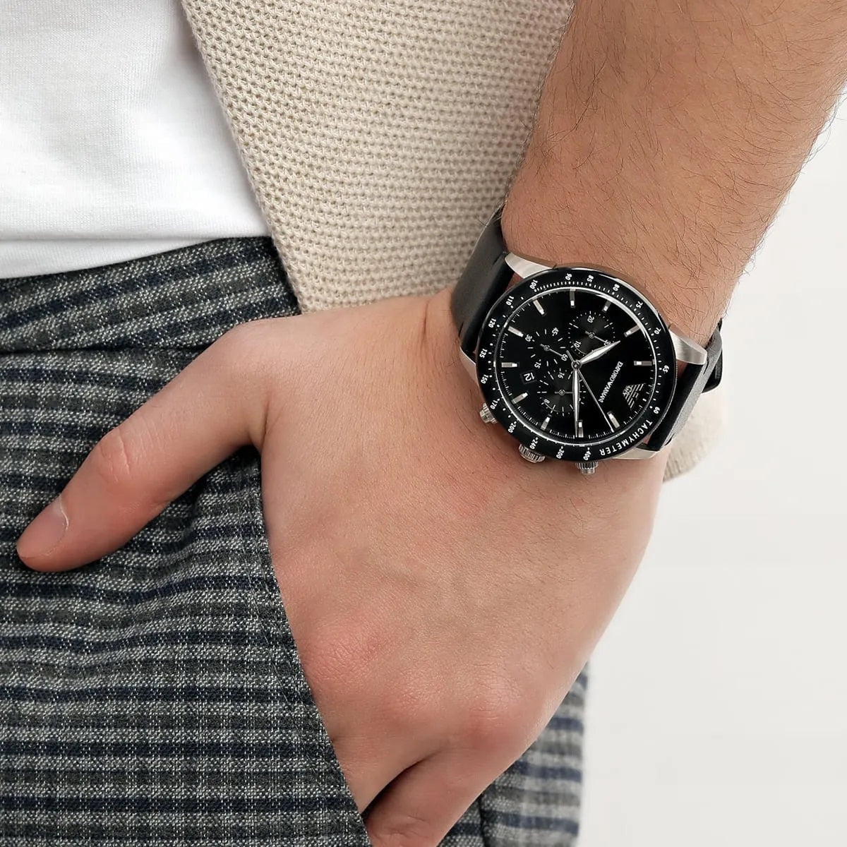 Emporio Armani Men's Watch Black Leather Strap With Black Dial AR11243 Mario