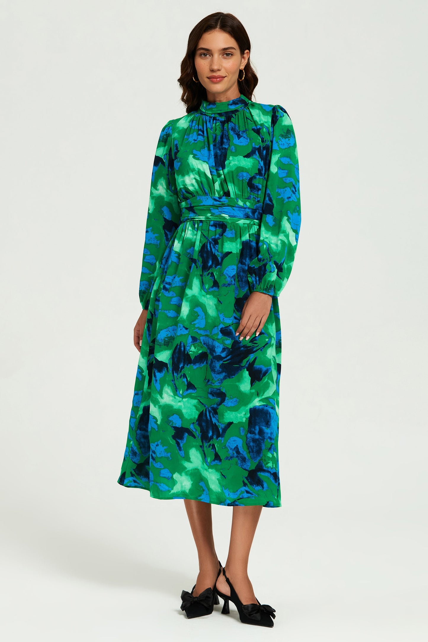 Abstract Floral Print Long Sleeve Midi Dress In Green