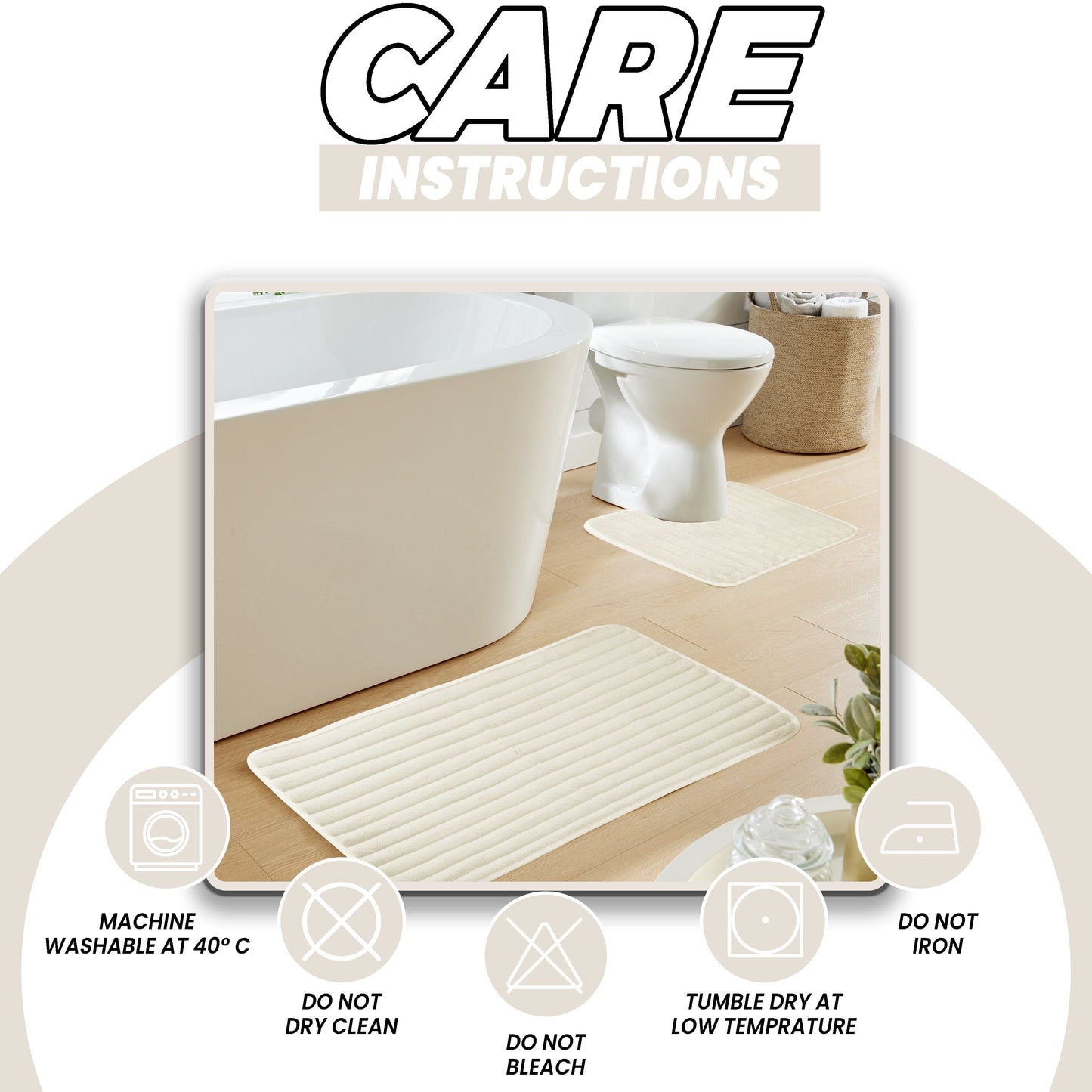 2 Piece Ribbed Bath Mat Set in Cream Extra Soft Non Slip Super Absorbent Bathroom & Toilet Mats Easy Care Rug by OLIVIA ROCCO