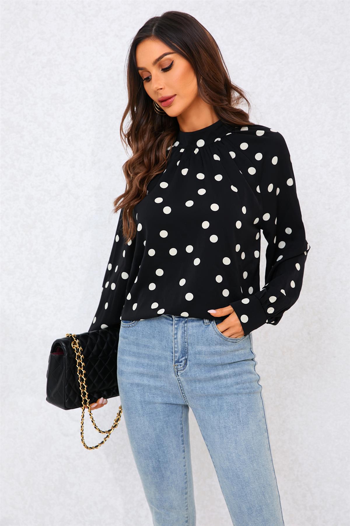 Black Dot Print Halter Neck Blouse Top In Black
