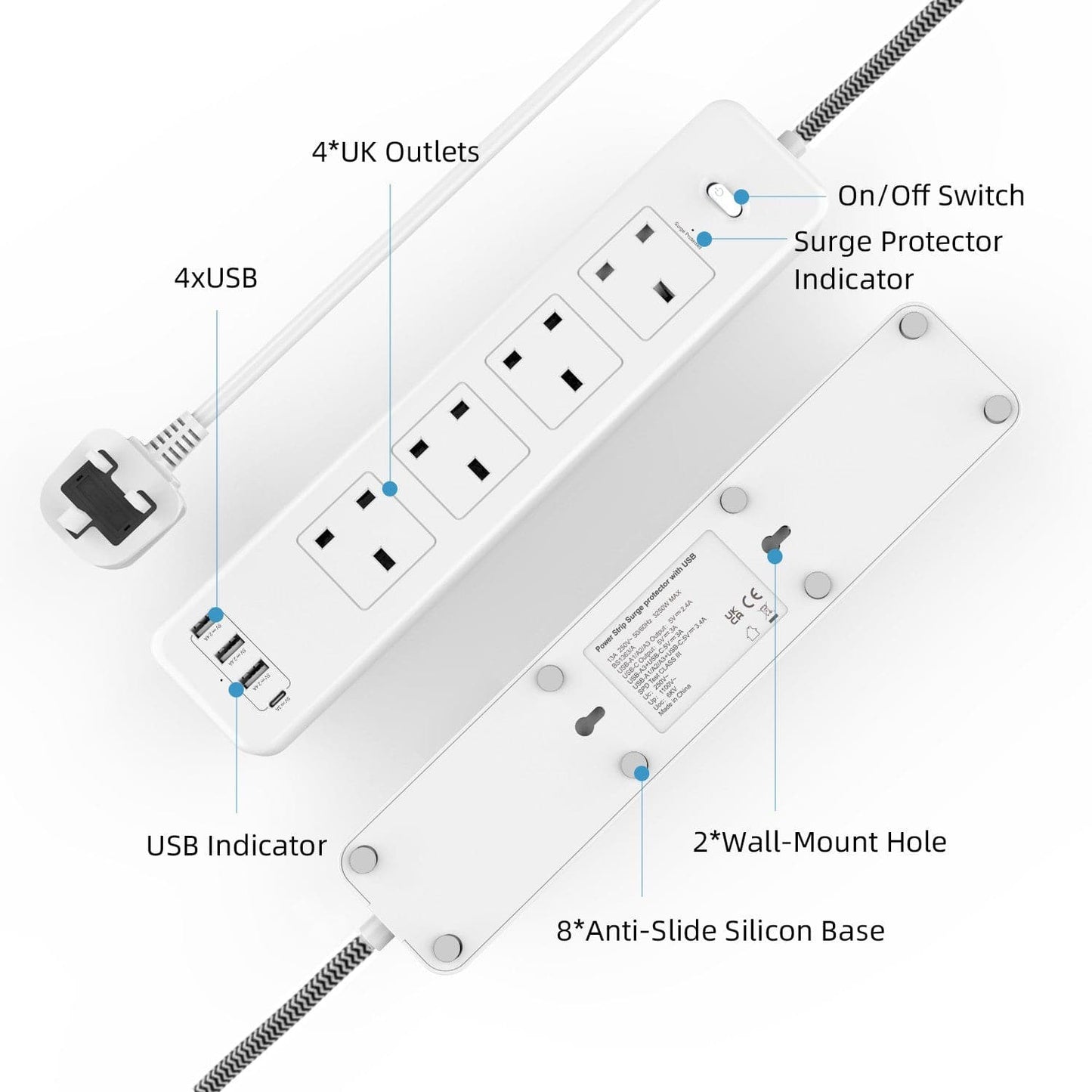 Maplin 2m 4-Socket UK Power Switch Extension Lead with 3x USB-A / 1x USB-C Ports