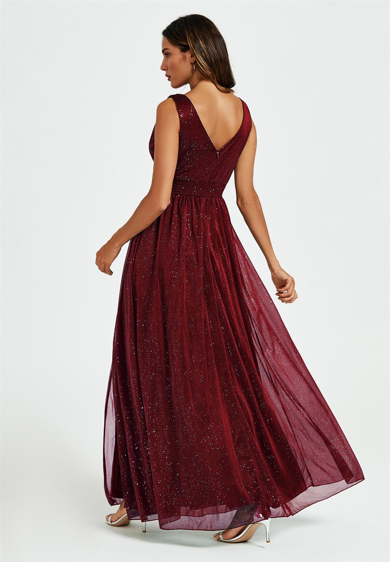 Sparkly V Neck Bridesmaid Maxi Dress In Burgundy