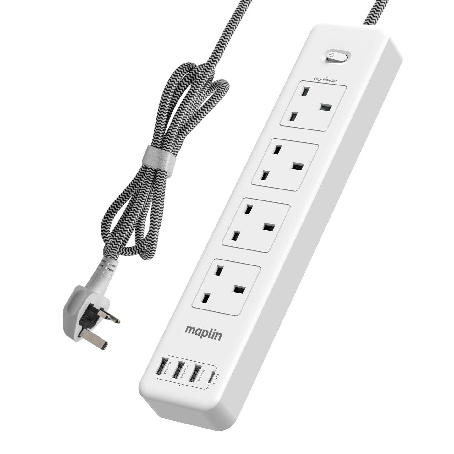 Maplin 2m 4-Socket UK Power Switch Extension Lead with 3x USB-A / 1x USB-C Ports