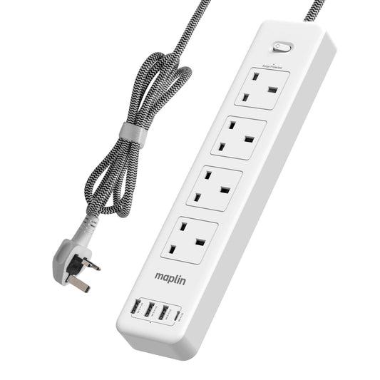 Maplin 2m 4-Socket UK Power Switch Extension Lead with 3x USB-A / 1x USB-C Ports