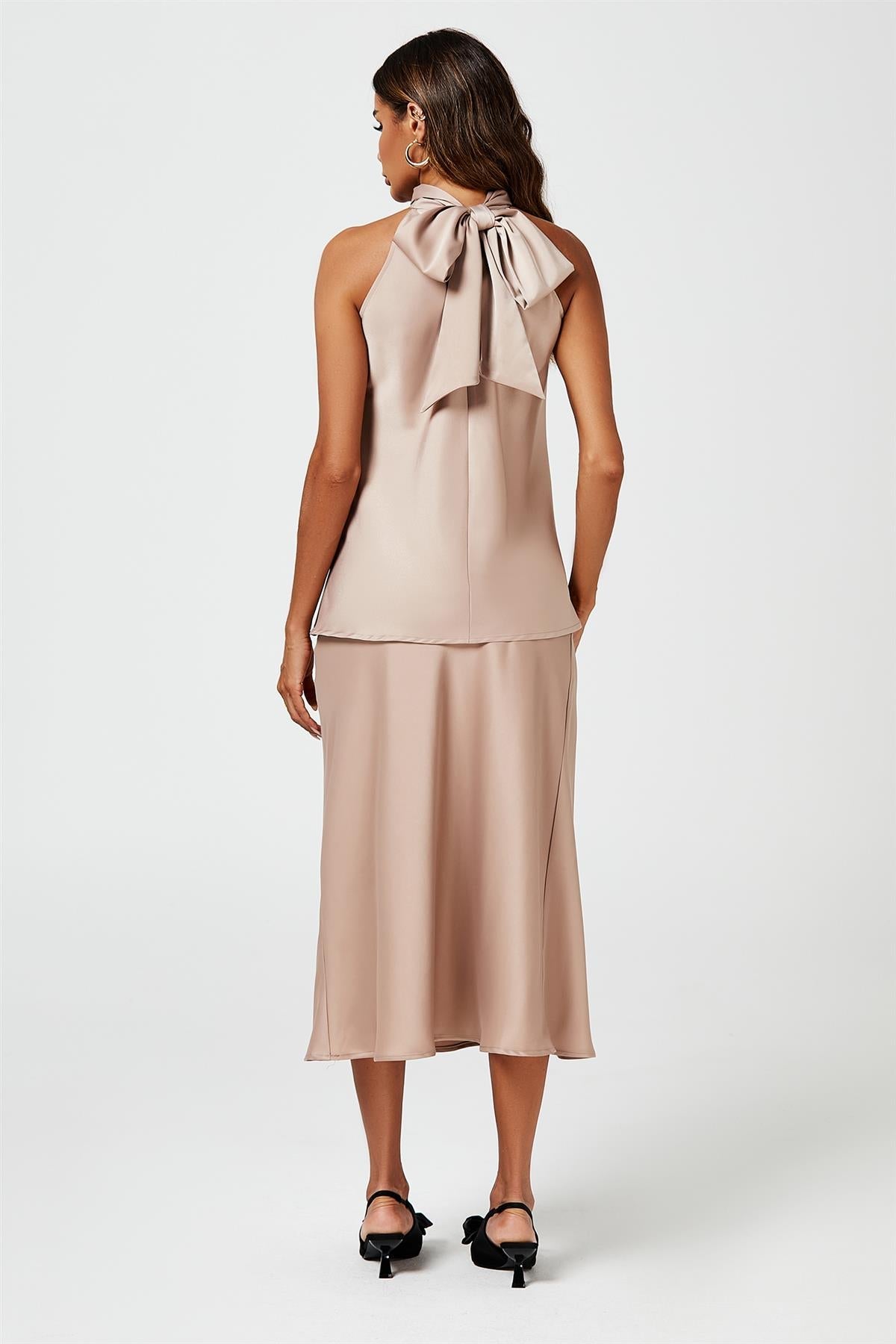 Satin Halter Neck Tie Back Top In Light Brown