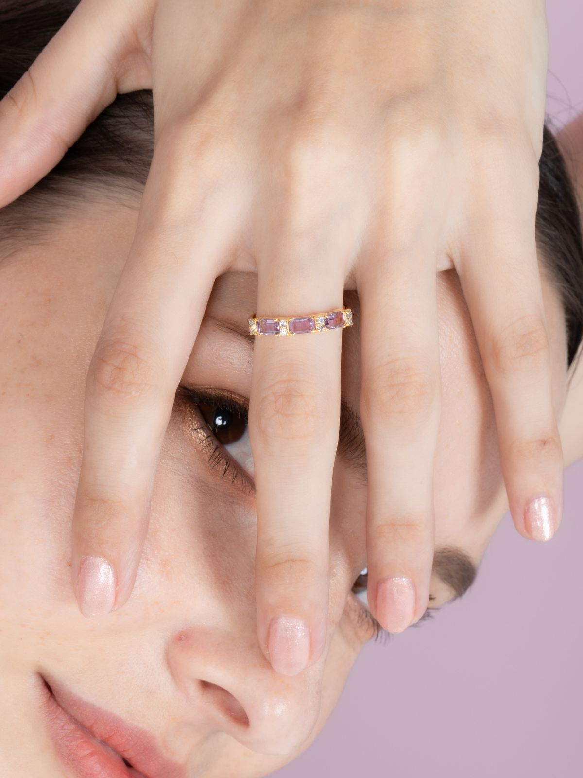 Lavender Amethyst Emerald Cut Eternity Ring in 18k Gold Vermeil