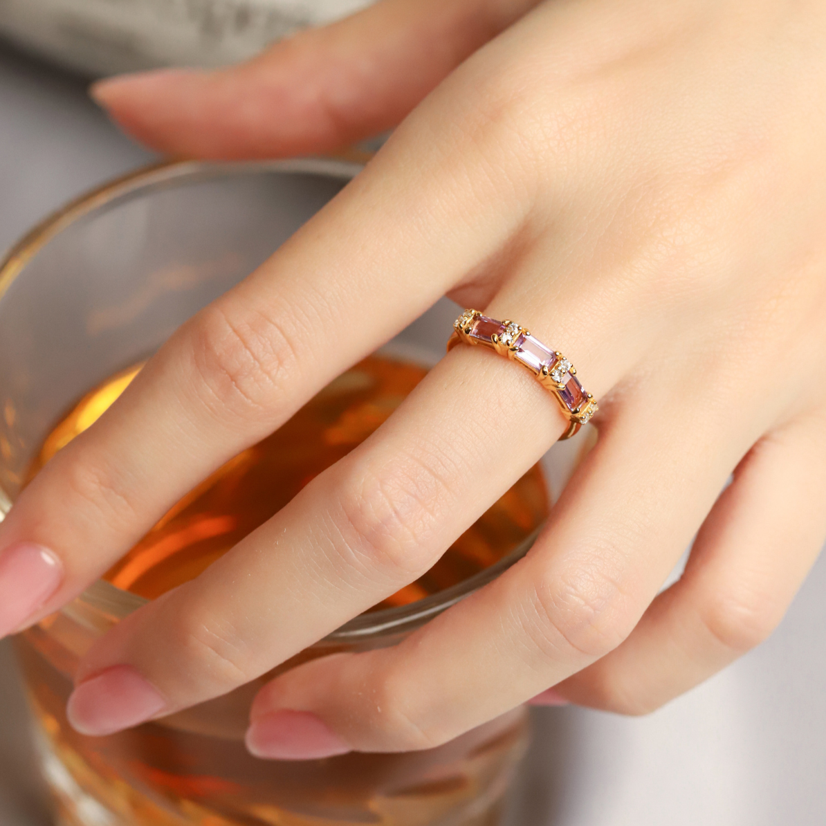 Lavender Amethyst Emerald Cut Eternity Ring in 18k Gold Vermeil