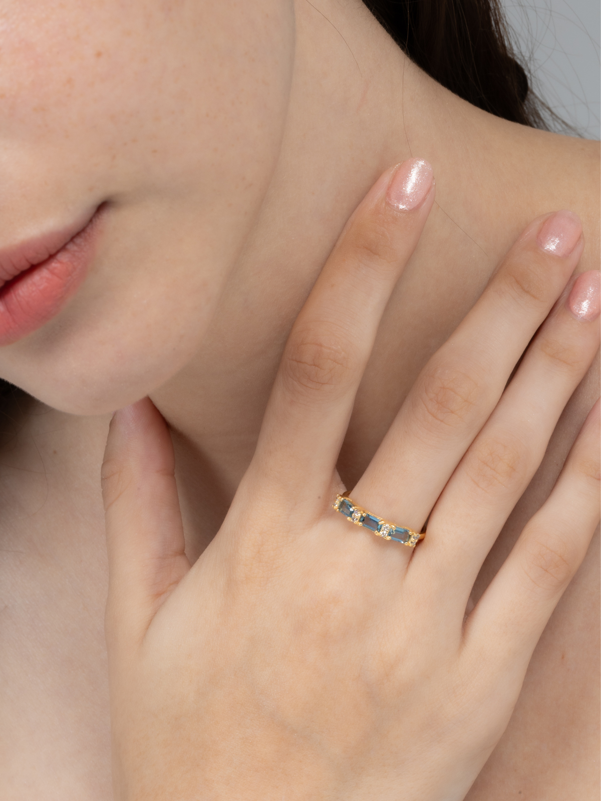 London Blue Topaz Emerald Cut Eternity Ring in 18k Gold Vermeil