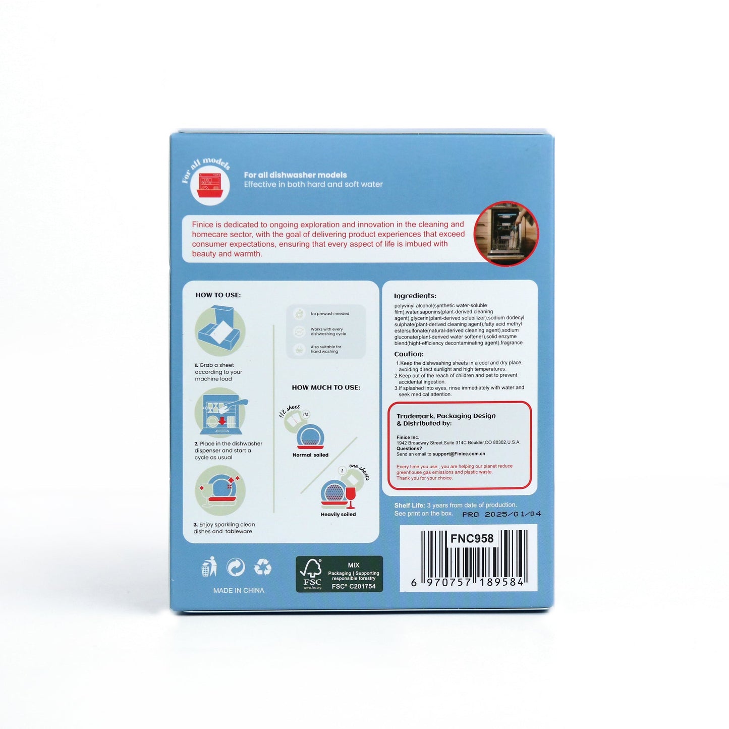 Finice Dishwashing Sheets – Enzyme Dishwasher Detergent, Eco-Friendly, Eucalyptus Scent, 60 Sheets