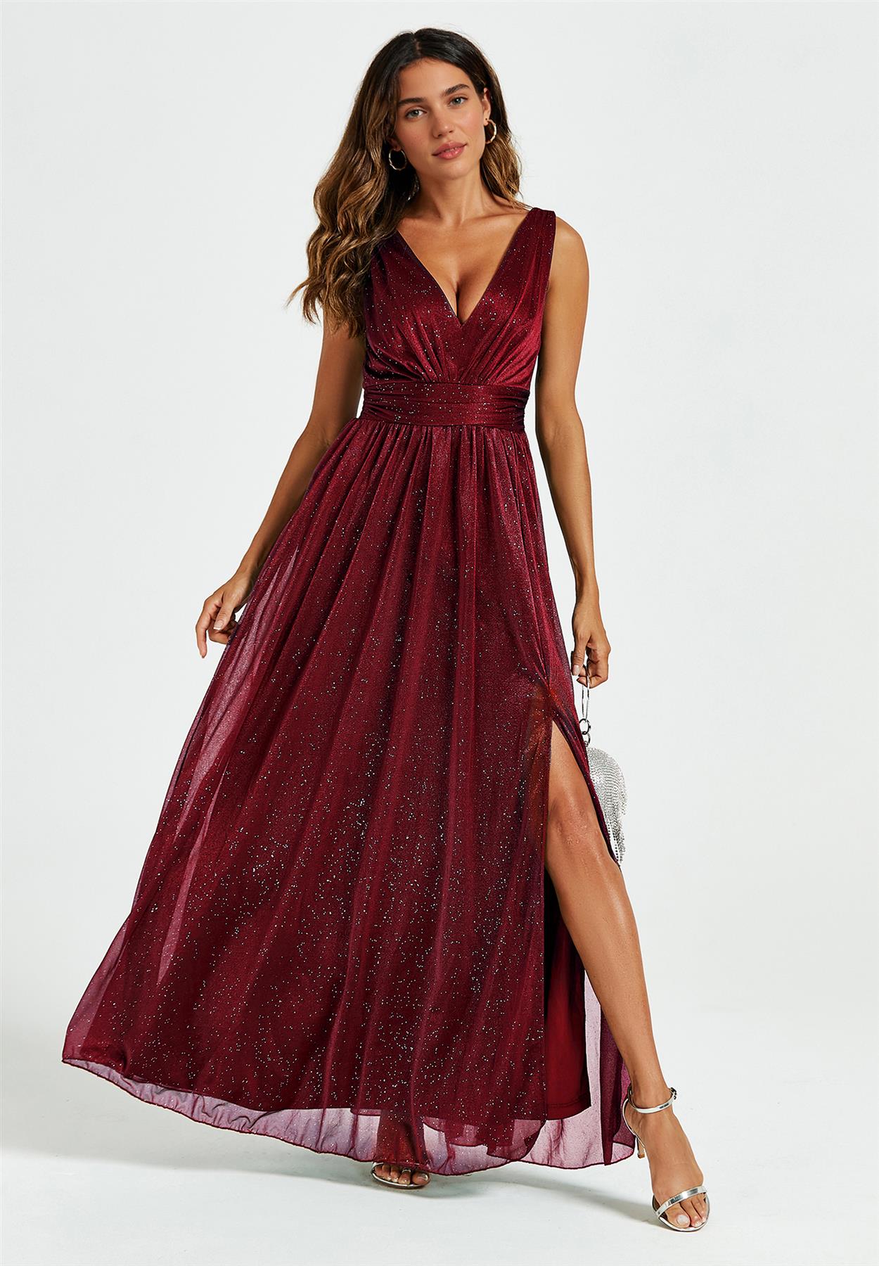 Sparkly V Neck Bridesmaid Maxi Dress In Burgundy