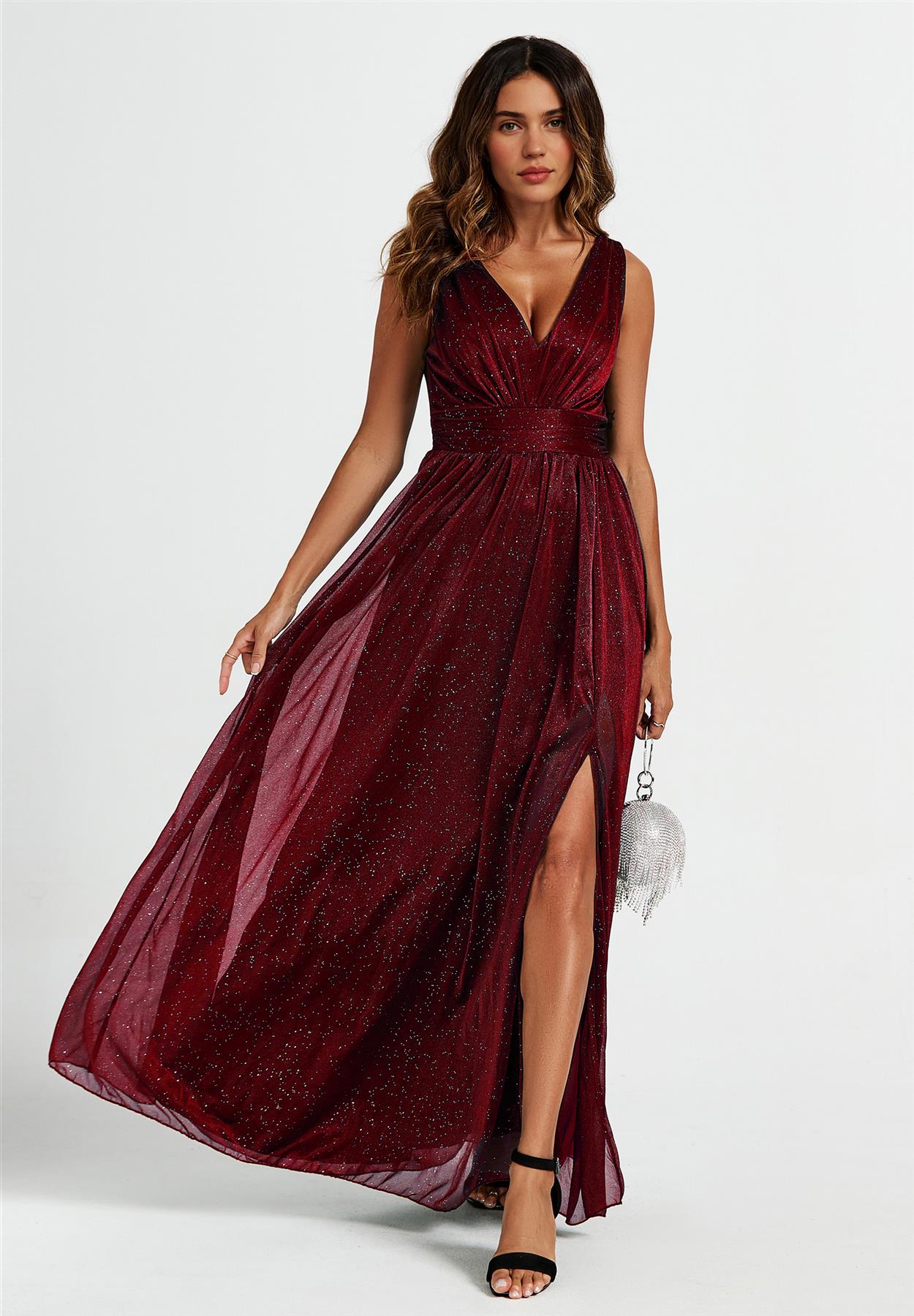 Sparkly V Neck Bridesmaid Maxi Dress In Burgundy