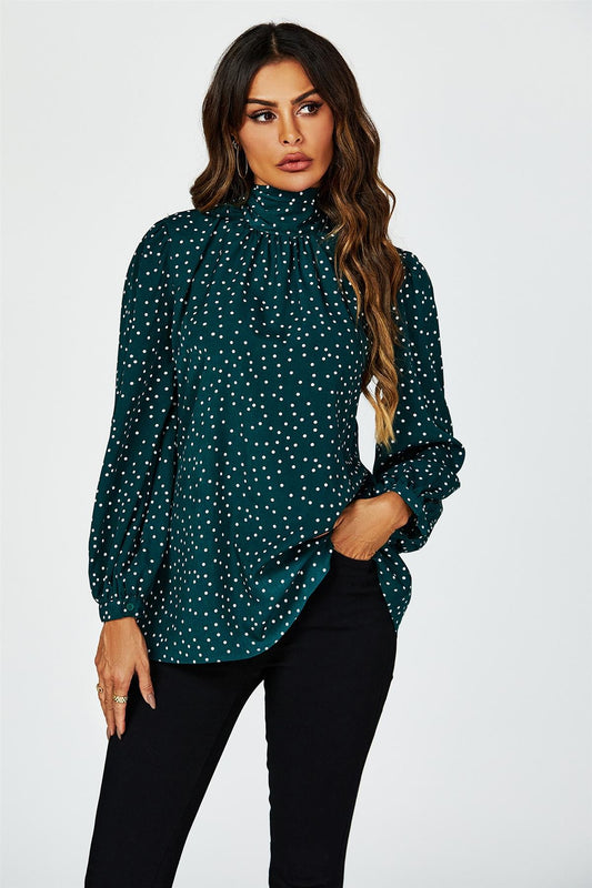 Polka Dot Print Long Sleeve Back Tie Blouse Top In Green