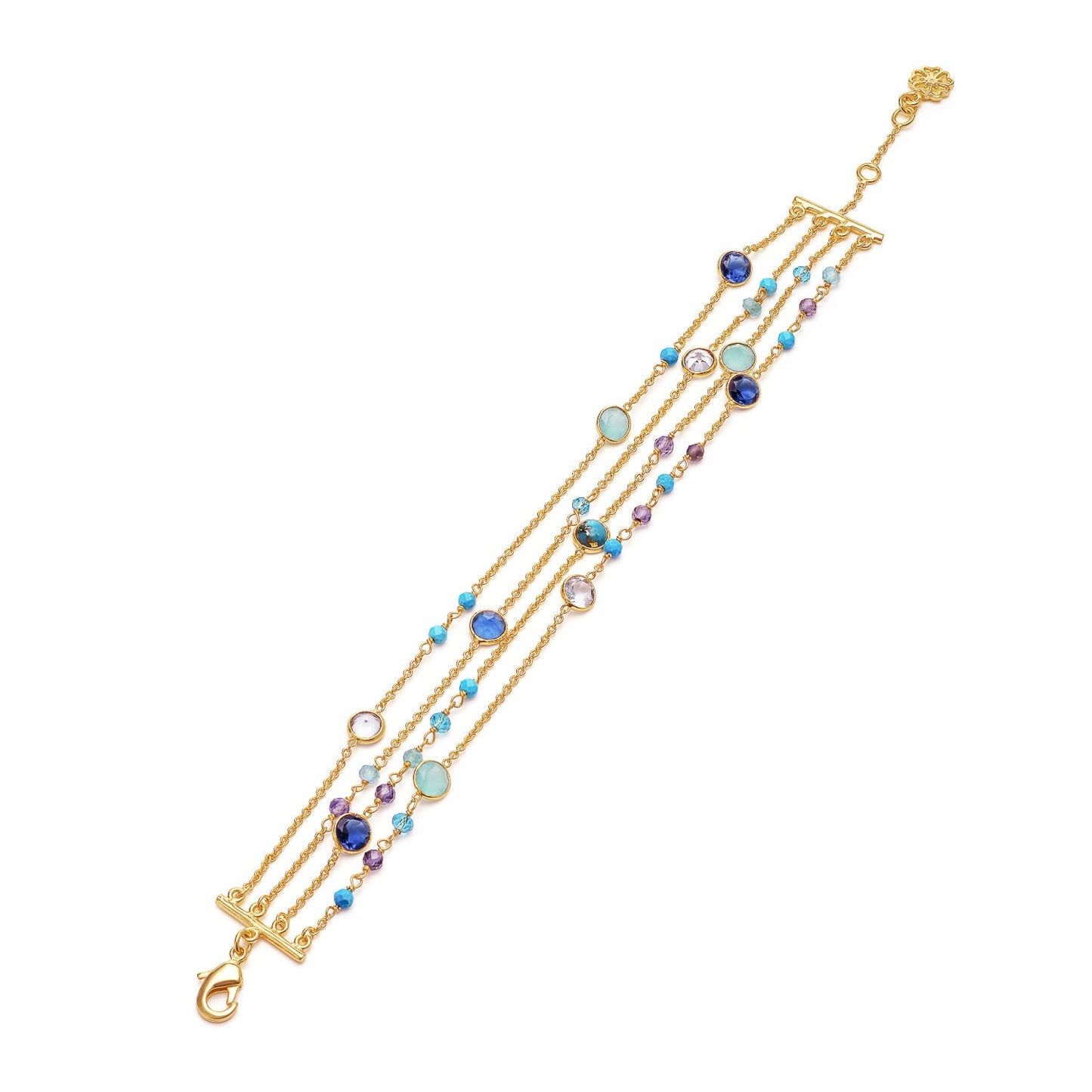 Hydra Multi-Strand Gold Chain and Gemstone Bracelet  Iolite, Blue Topaz & Apatite