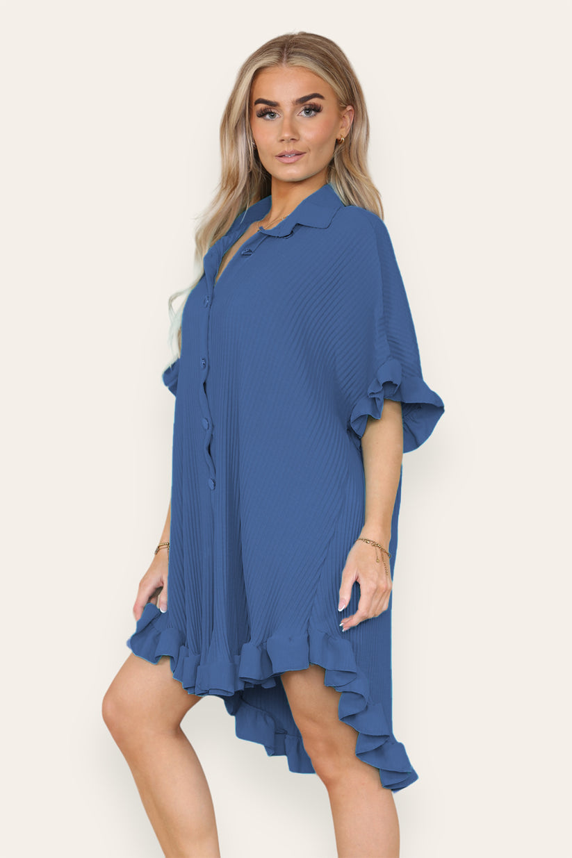 Over Sized Italian Gold Button Pleated Frill Ruffle TikTok Dress Top