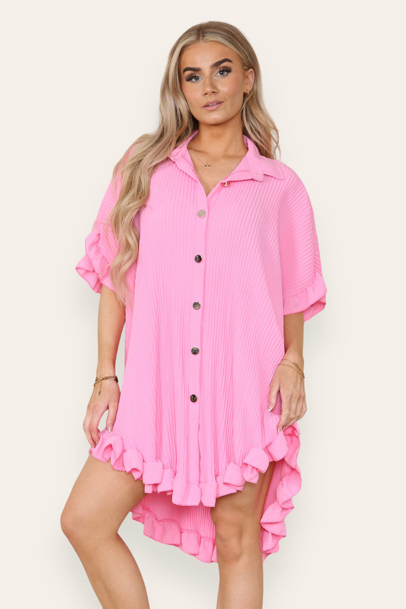 Over Sized Italian Gold Button Pleated Frill Ruffle TikTok Dress Top