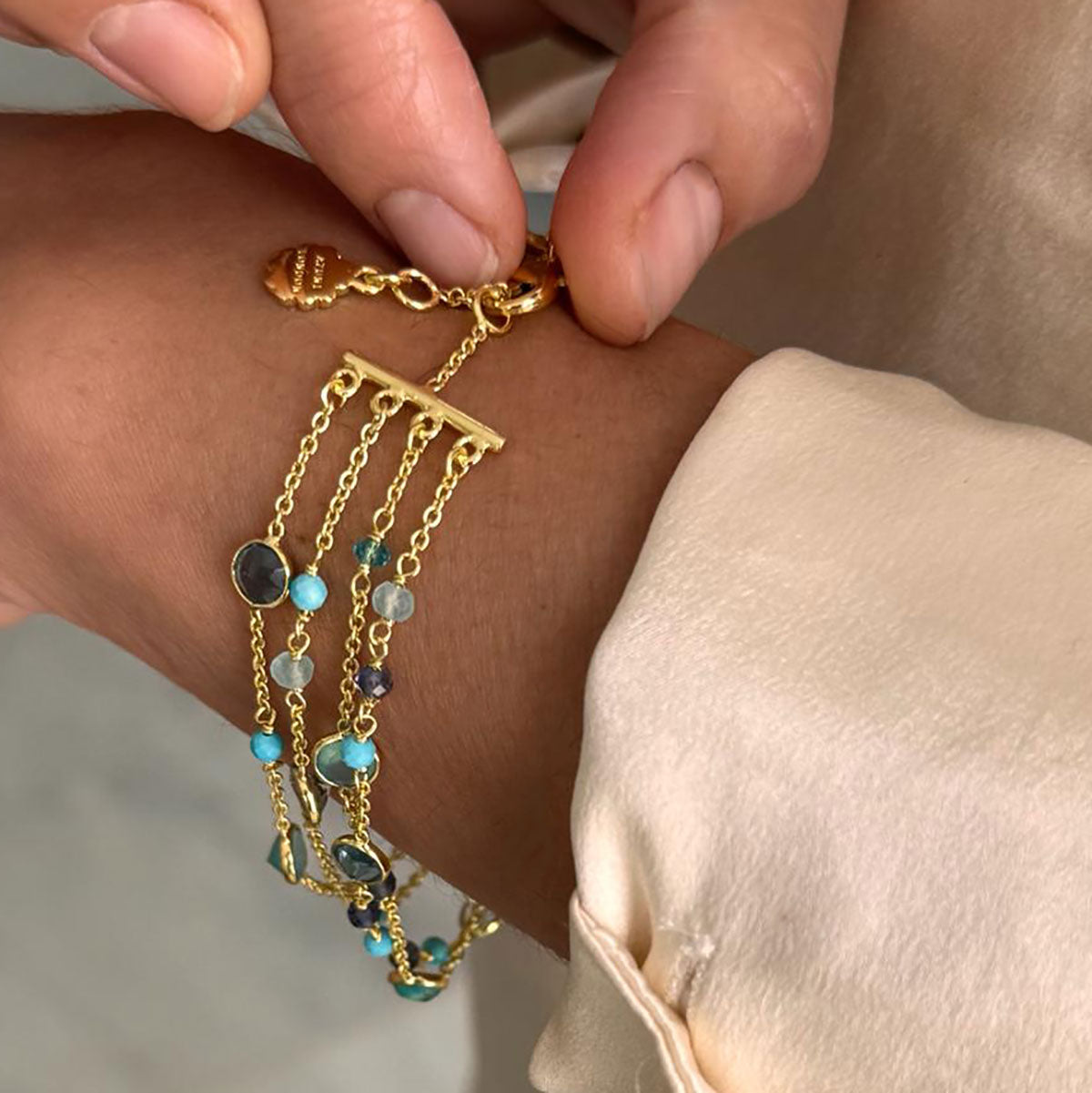 Hydra Multi-Strand Gold Chain and Gemstone Bracelet  Iolite, Blue Topaz & Apatite