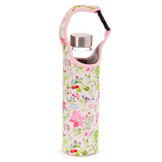 Reusable 500ml Glass Water Bottle with Protective Neoprene Sleeve - Julie Dodsworth Pink Botanical BOT223-0