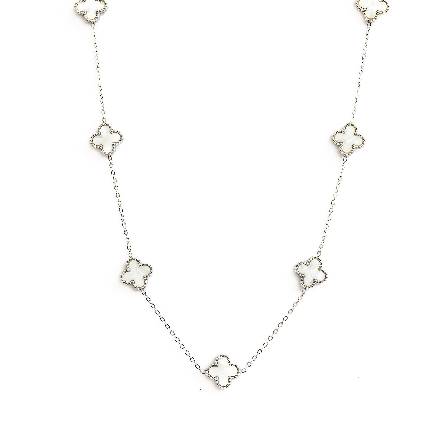 Silver Clover Necklace (White)