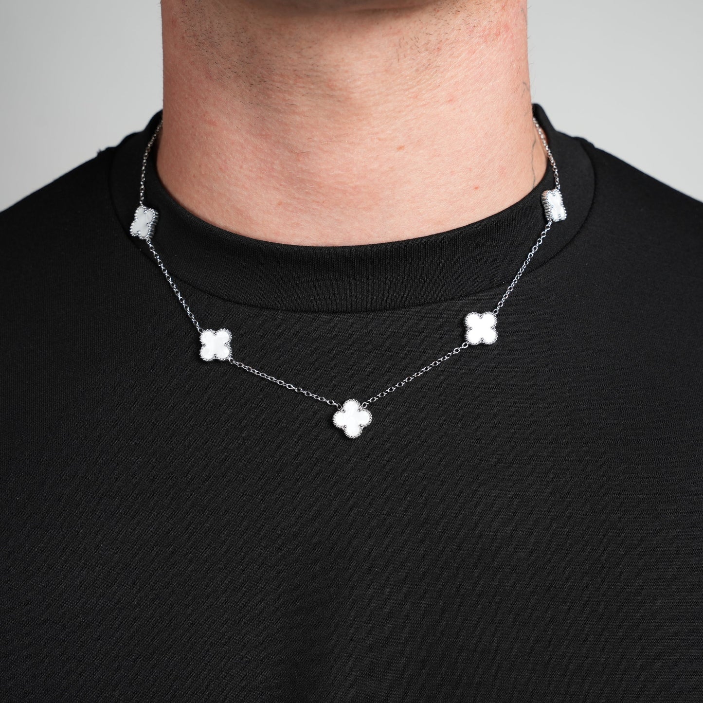 Silver Clover Necklace (White)