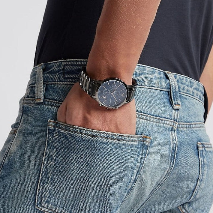 Emporio Armani Mens Watch Stainless Steel Grey Strap & Blue Dial AR11215 Renato