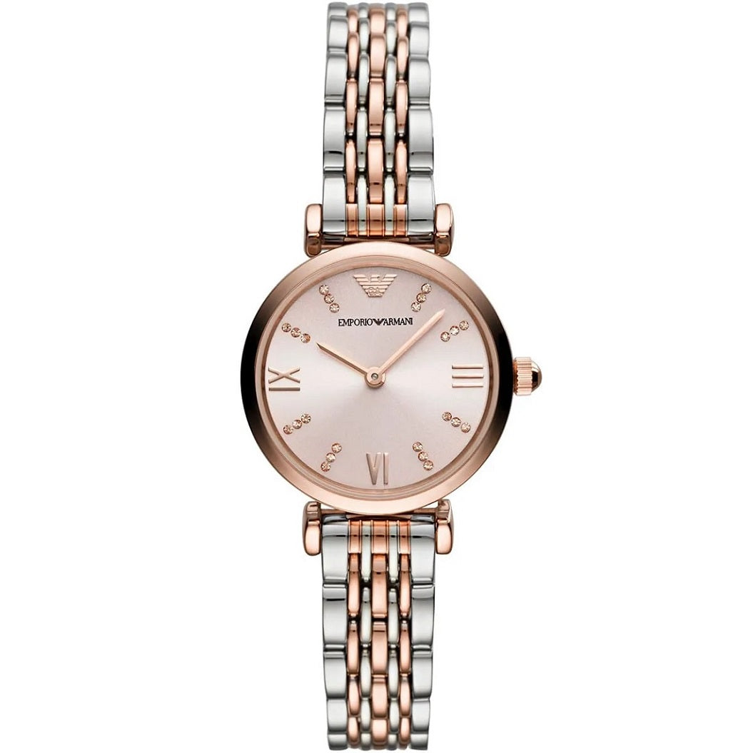 Emporio Armani Womens Watch Stainless Steel Silver And Rose Gold Tone Strap & Rose Gold Dial AR11223 Gianni T-Bar