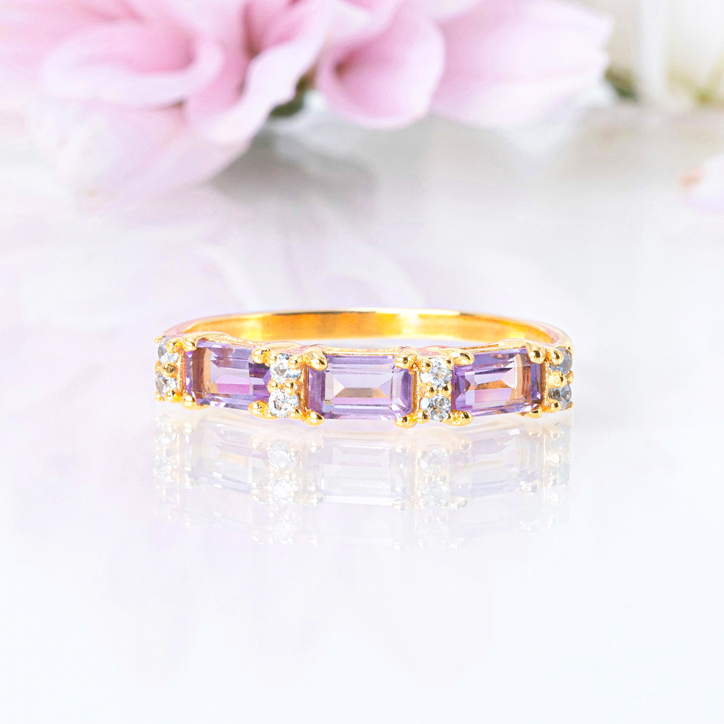 Lavender Amethyst Emerald Cut Eternity Ring in 18k Gold Vermeil