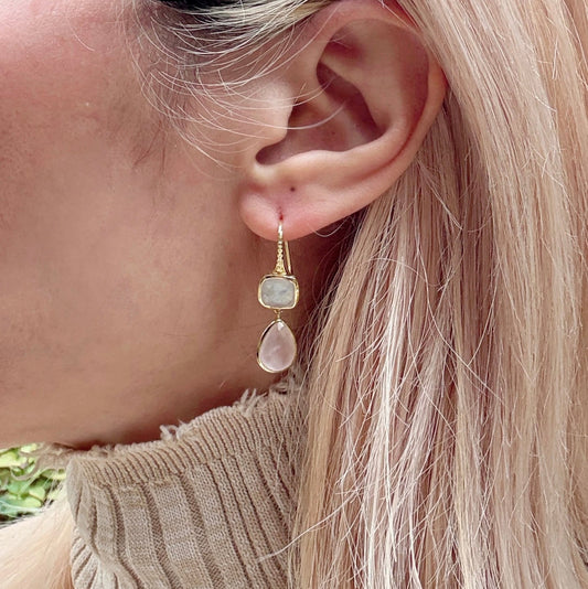 Charis Double Gemstone Earrings Moonstone & Rose Quartz